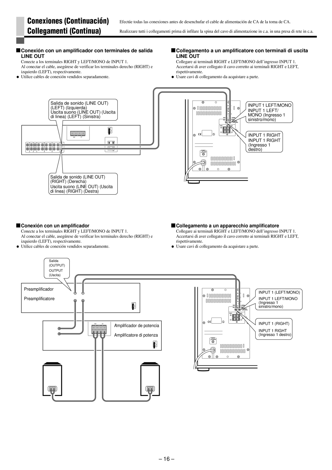 JVC SP-PW880 manual Conexión con un amplificador con terminales de salida, Collegamento a un apparecchio amplificatore 