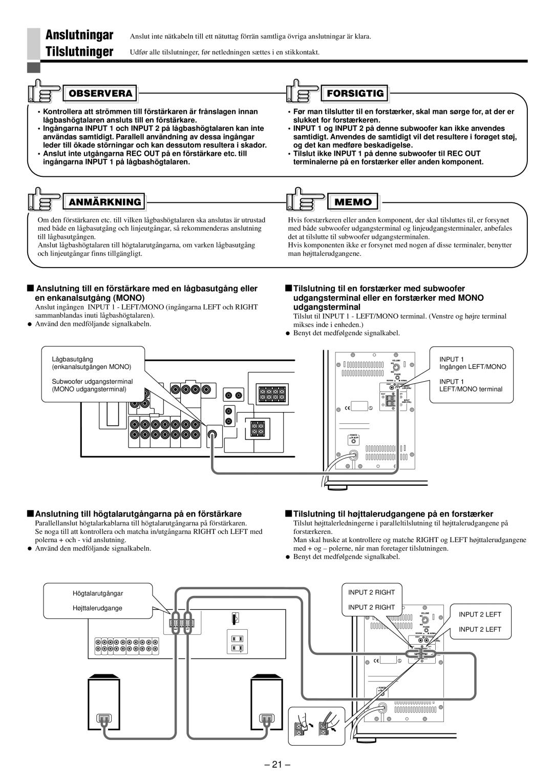 JVC SP-PW880 manual Anslutningar Tilslutninger, Observera Forsigtig, Anmärkning 