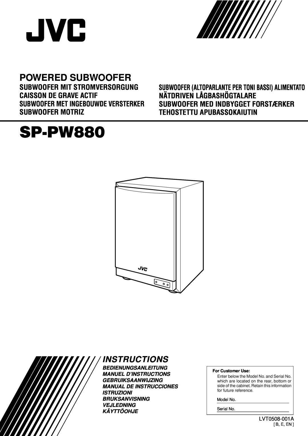 JVC SP-PW880 manual Compact Component System, Powered Subwoofer, Instructions, LVT0508-001A 