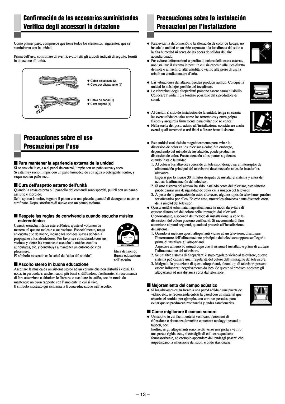 JVC SP-PW880 manual Precauciones sobre el uso Precauzioni per l’uso, Precauciones sobre la instalación 