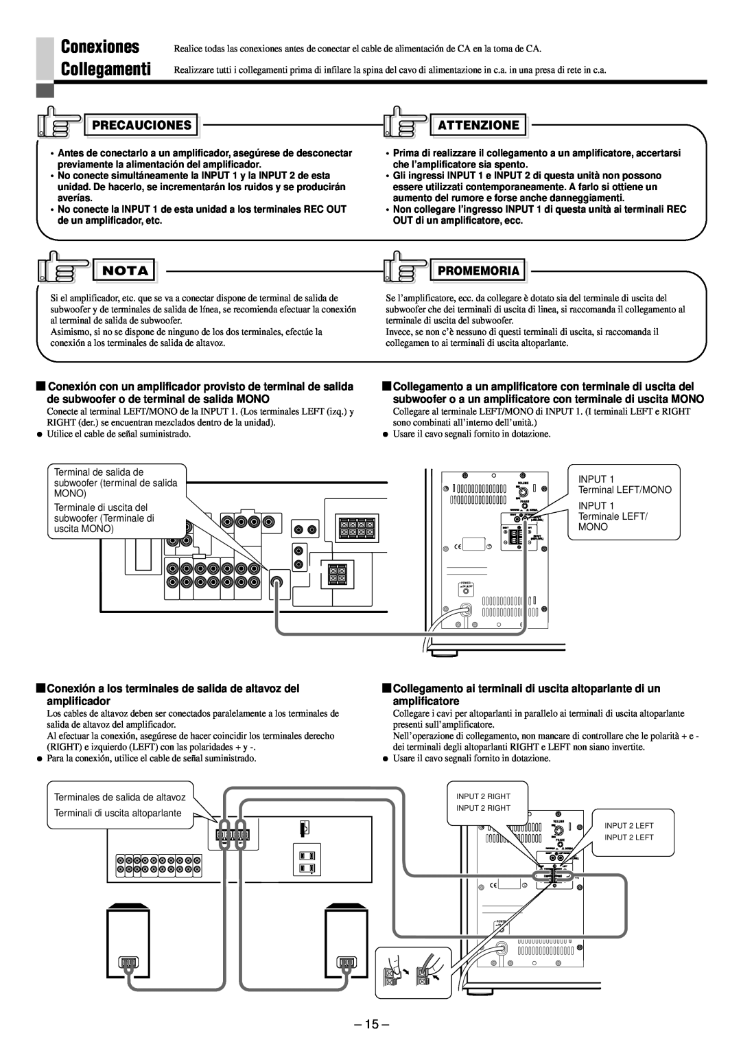 JVC SP-PW880 manual Conexiones Collegamenti, Precauciones, Attenzione, Nota, Promemoria 