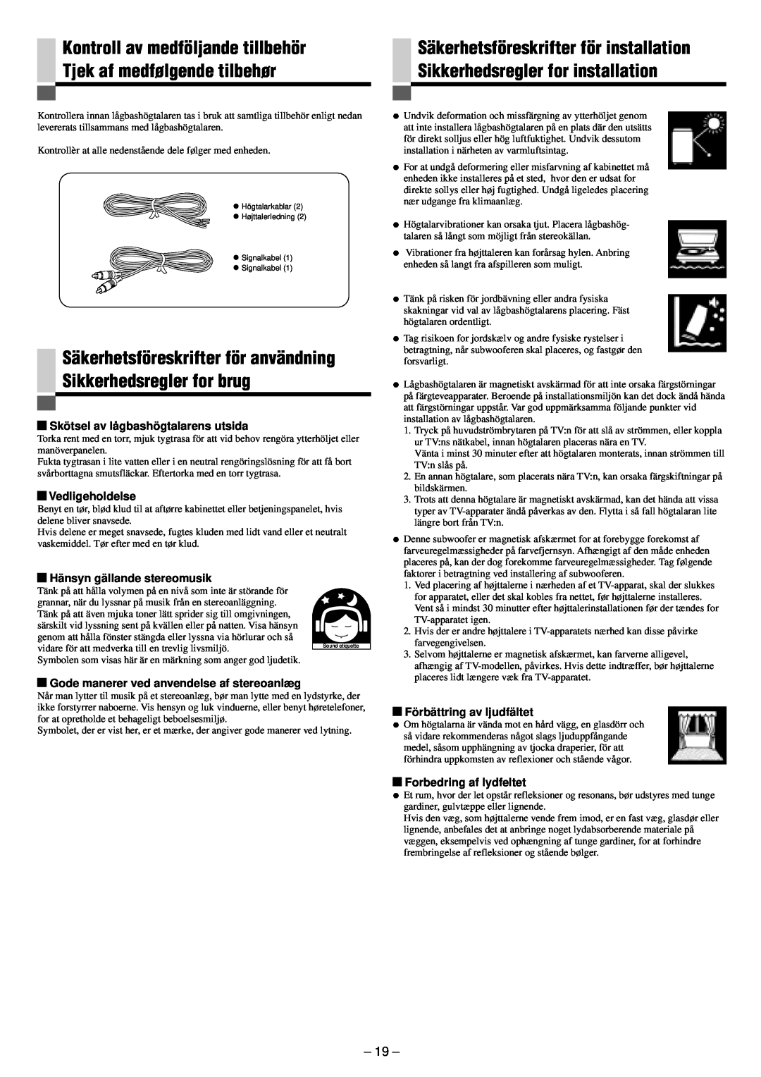 JVC SP-PW880 manual Kontroll av medföljande tillbehör, Tjek af medfølgende tilbehør 