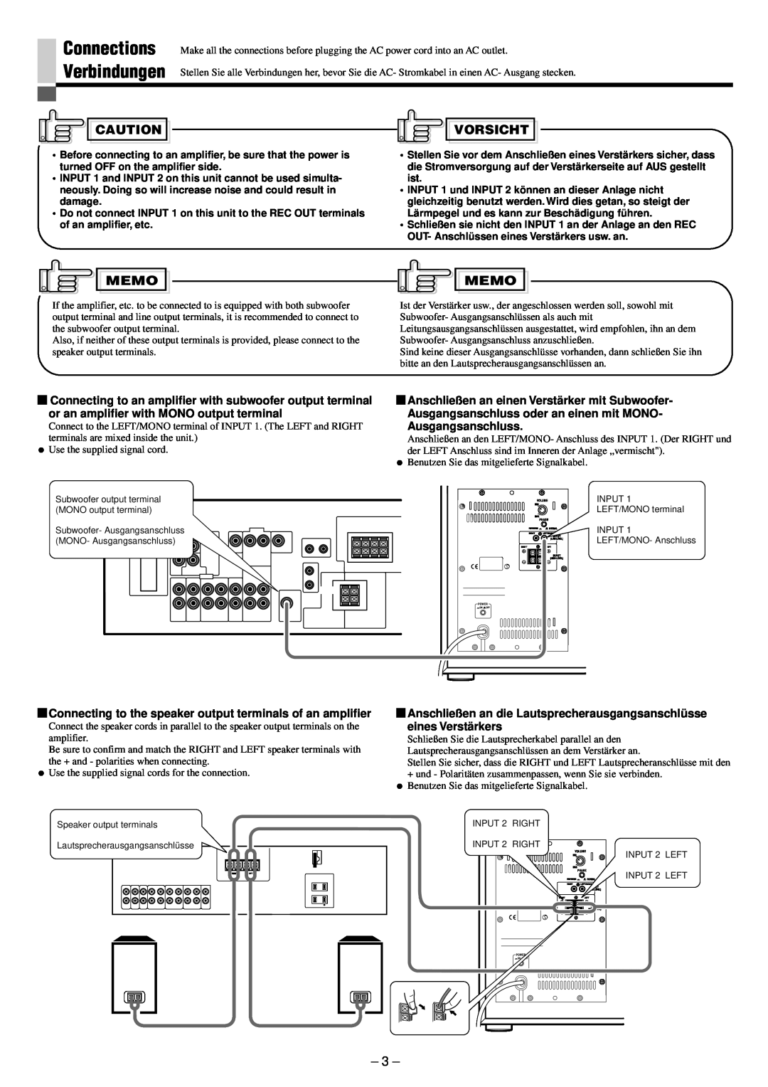 JVC SP-PW880 manual Connections Verbindungen, Vorsicht, Memo 