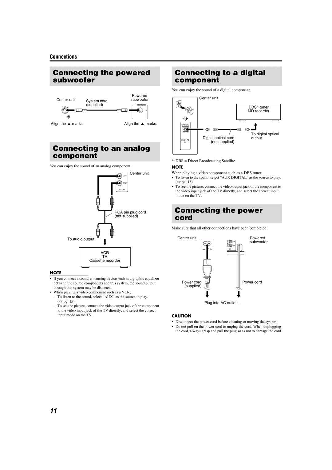 JVC SP-THM303C Connecting the powered subwoofer, Connecting to an analog component, Connecting to a digital component 