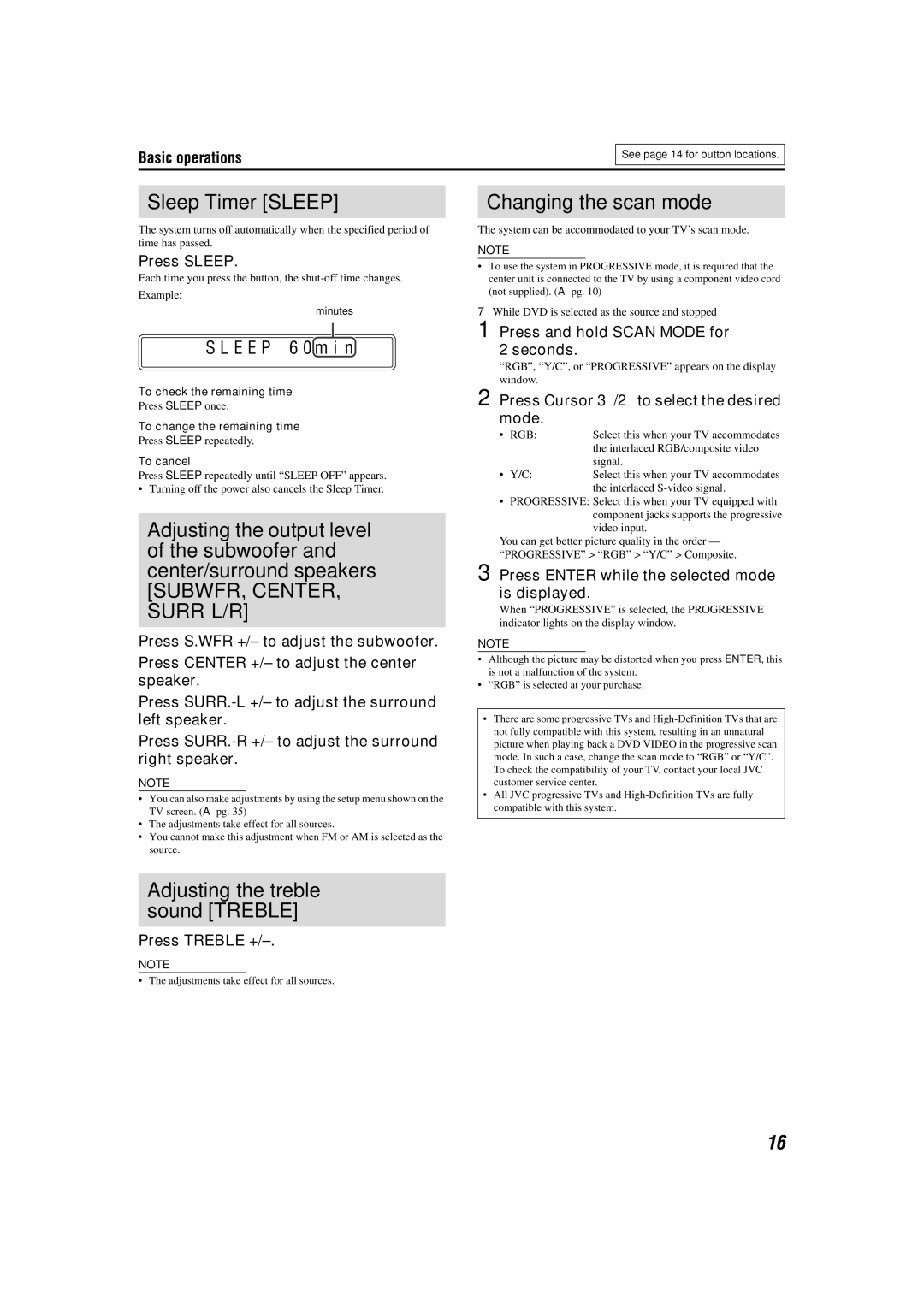 JVC XV-THS51, SP-PWS51 manual Sleep Timer Sleep, Adjusting the treble sound Treble, Changing the scan mode, E E P 6 0 m i n 