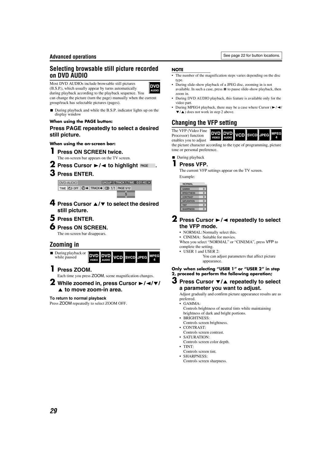 JVC SP-THM303C, SP-PWS51 manual Selecting browsable still picture recorded on DVD Audio, Zooming, Changing the VFP setting 