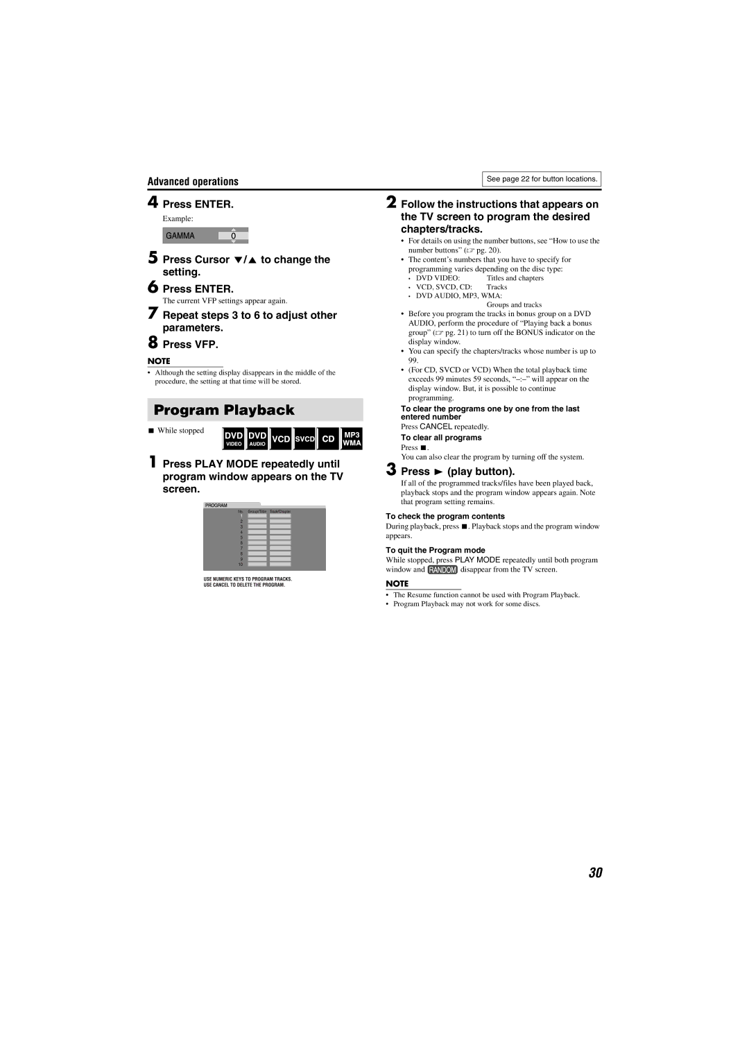 JVC SP-THM303F, SP-PWS51, XV-THS51, SP-THS5F, SP-THM303S Program Playback, Press Cursor Y/5 to change the setting Press Enter 