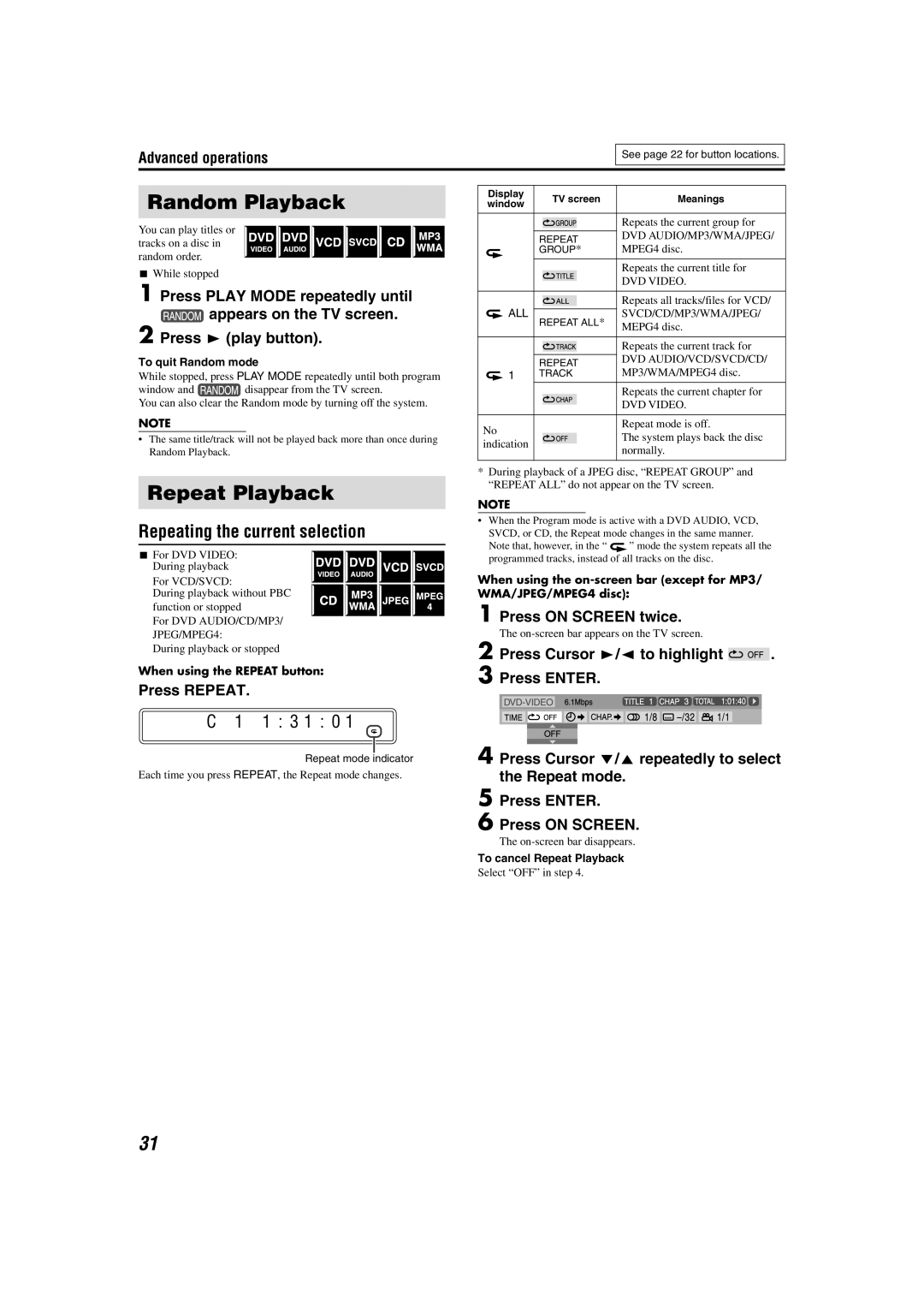 JVC SP-THS5S, SP-PWS51, XV-THS51 Random Playback, Repeat Playback, Repeating the current selection, 1 3 1 0, Press Repeat 