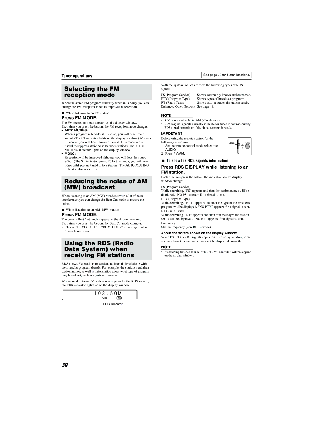 JVC SP-THM303F, SP-PWS51, XV-THS51 Selecting the FM reception mode, Reducing the noise of AM MW broadcast, Press FM Mode 