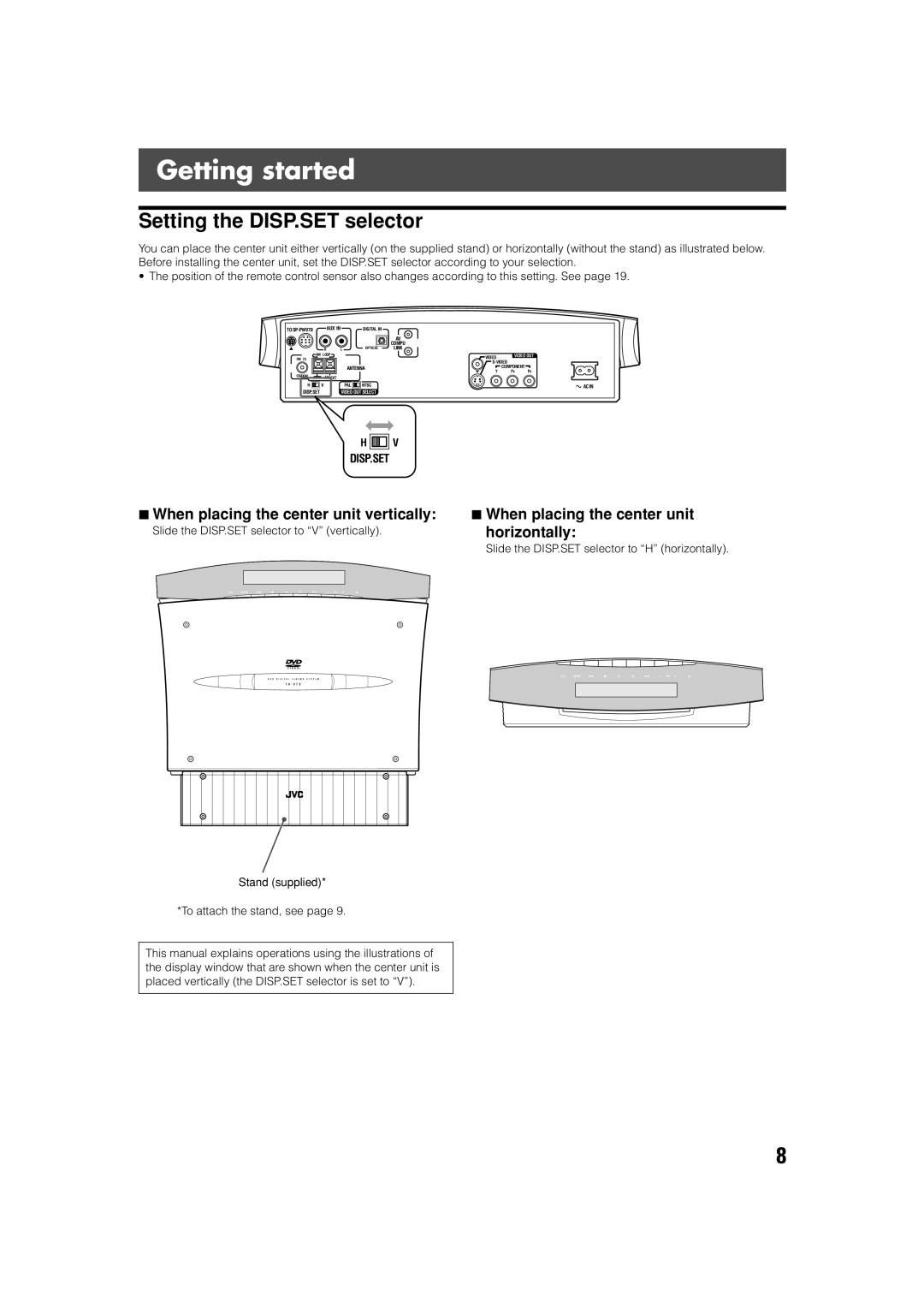 JVC SP-PWV70, SP-XSV70 Getting started, Setting the DISP.SET selector, When placing the center unit vertically, Disp.Set 