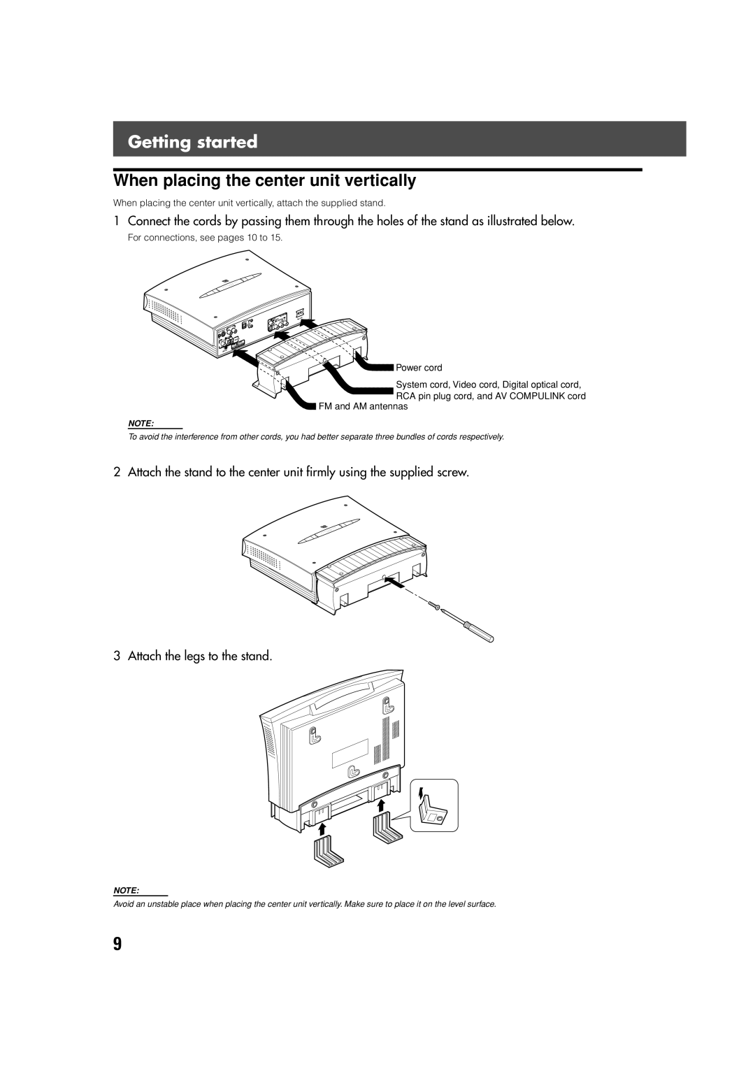 JVC SP-XSV70, SP-PWV70 manual Getting started, When placing the center unit vertically, Attach the legs to the stand 