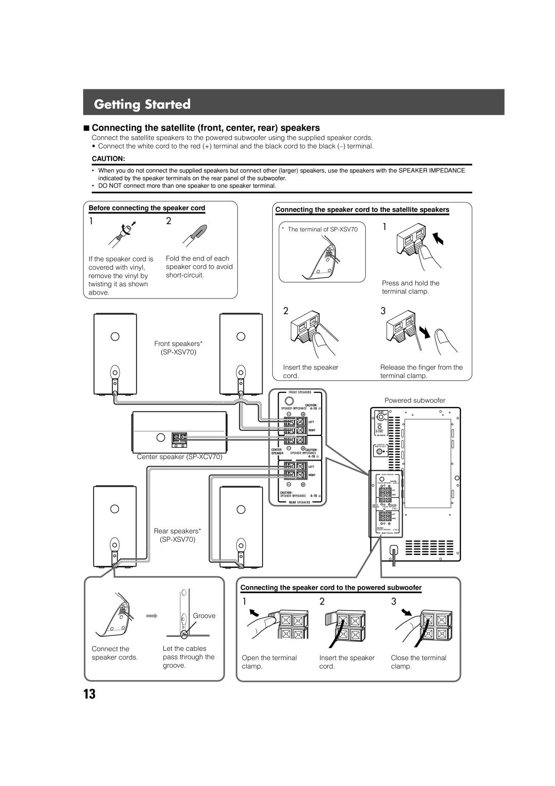 JVC SP-XSV70 Connecting the satellite front, center, rear speakers, Before connecting the speaker cord, Groove Clamp Cord 