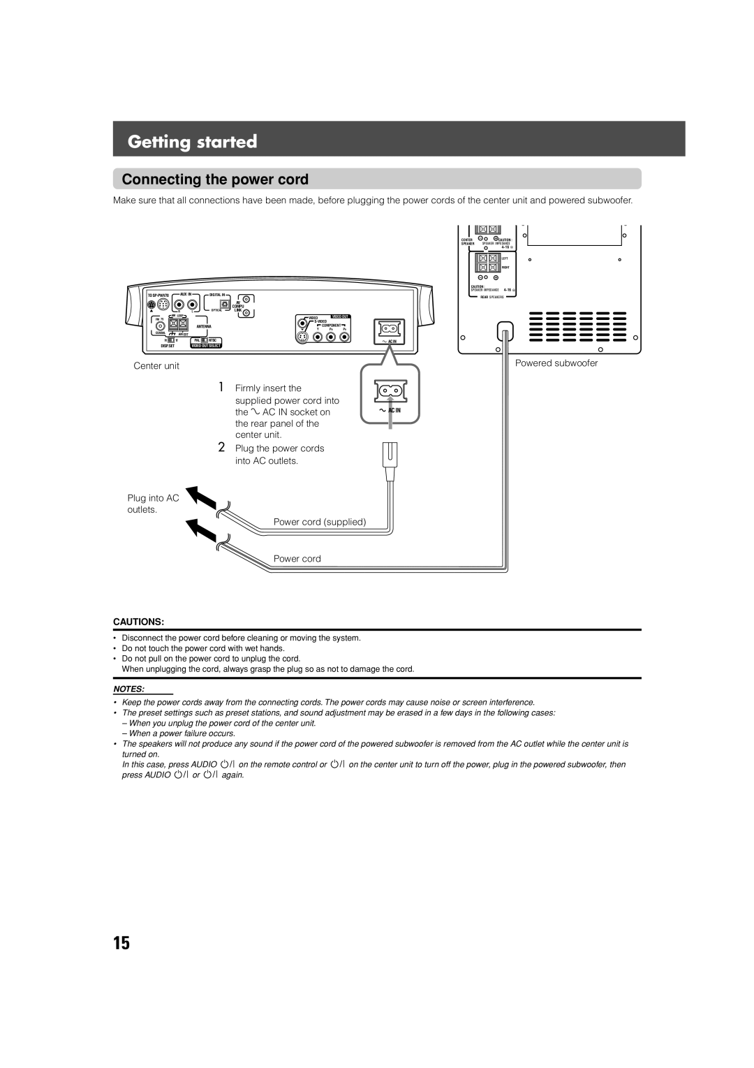 JVC SP-XSV70, SP-PWV70 manual Connecting the power cord 