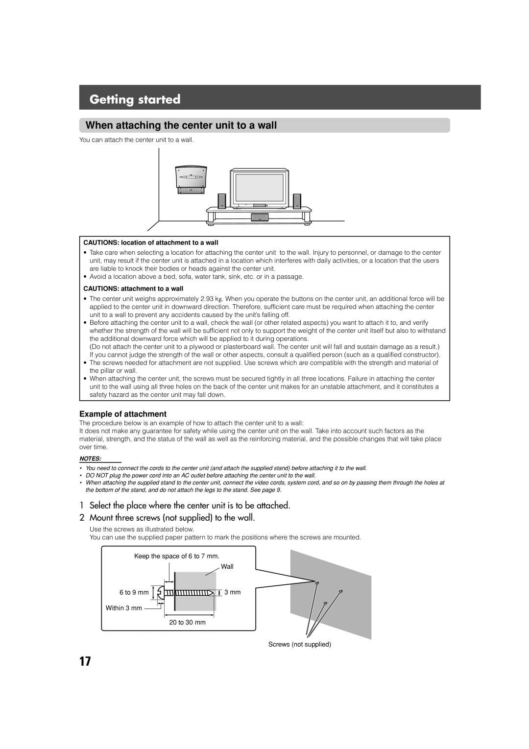 JVC SP-XSV70, SP-PWV70 manual When attaching the center unit to a wall, Example of attachment 