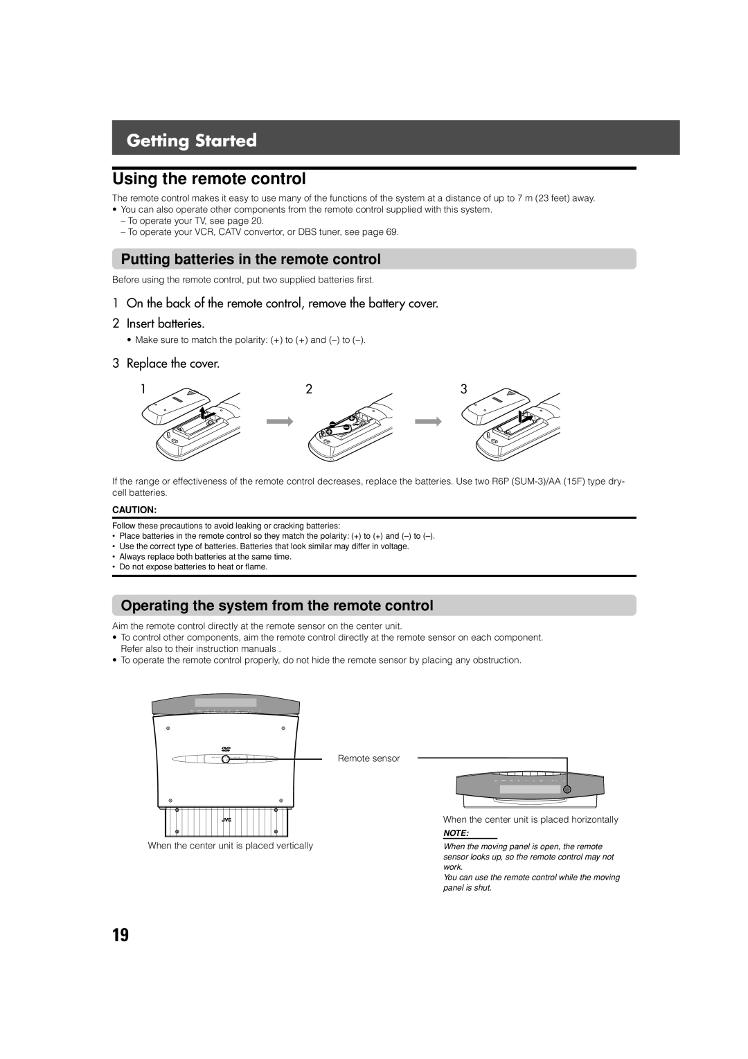 JVC SP-XSV70, SP-PWV70 manual Using the remote control, Putting batteries in the remote control, Replace the cover 