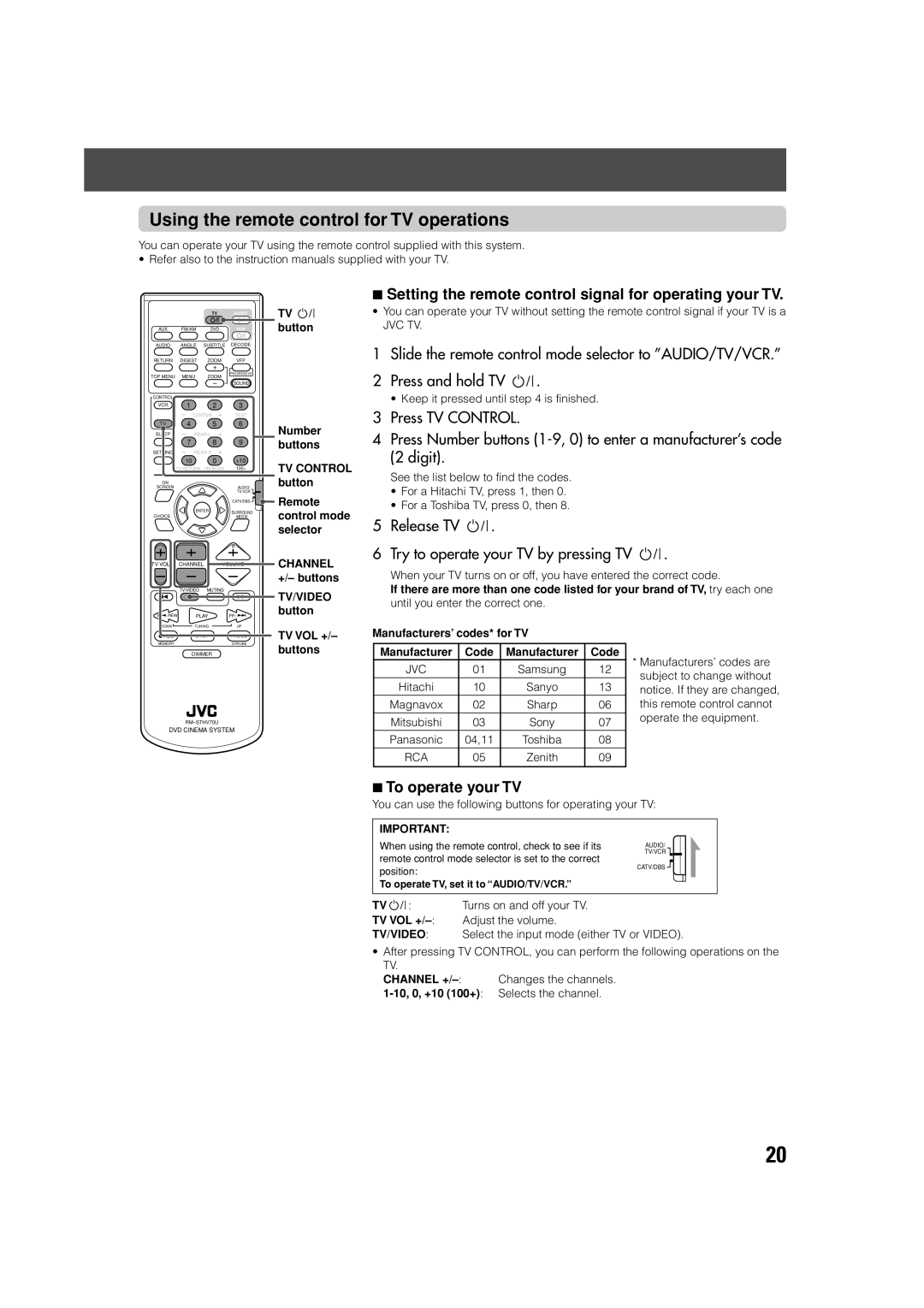 JVC SP-PWV70, SP-XSV70 Using the remote control for TV operations, Setting the remote control signal for operating your TV 