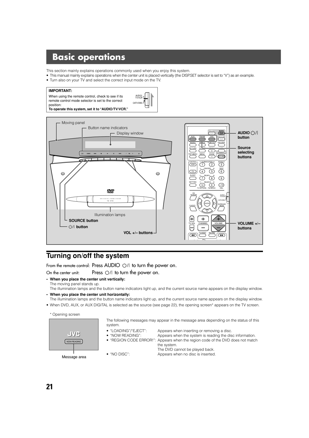 JVC SP-XSV70 Basic operations, Turning on/off the system, Press Audio to turn the power on Press to turn the power on 