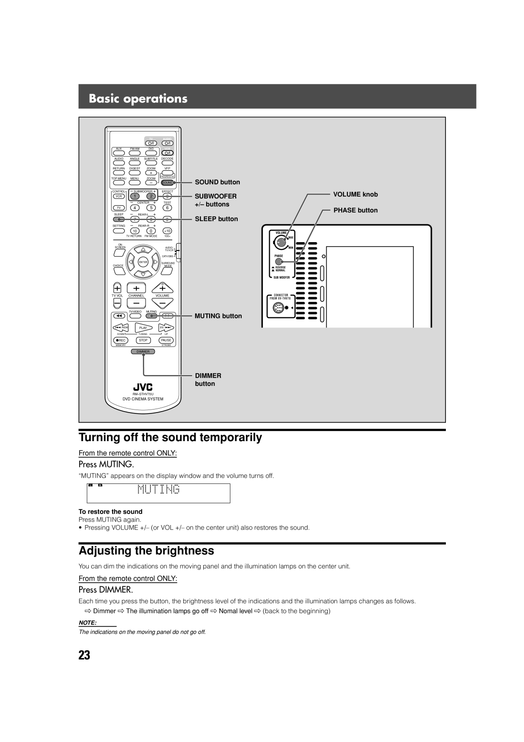 JVC SP-XSV70 Basic operations, Turning off the sound temporarily, Adjusting the brightness, Press Muting, Press Dimmer 