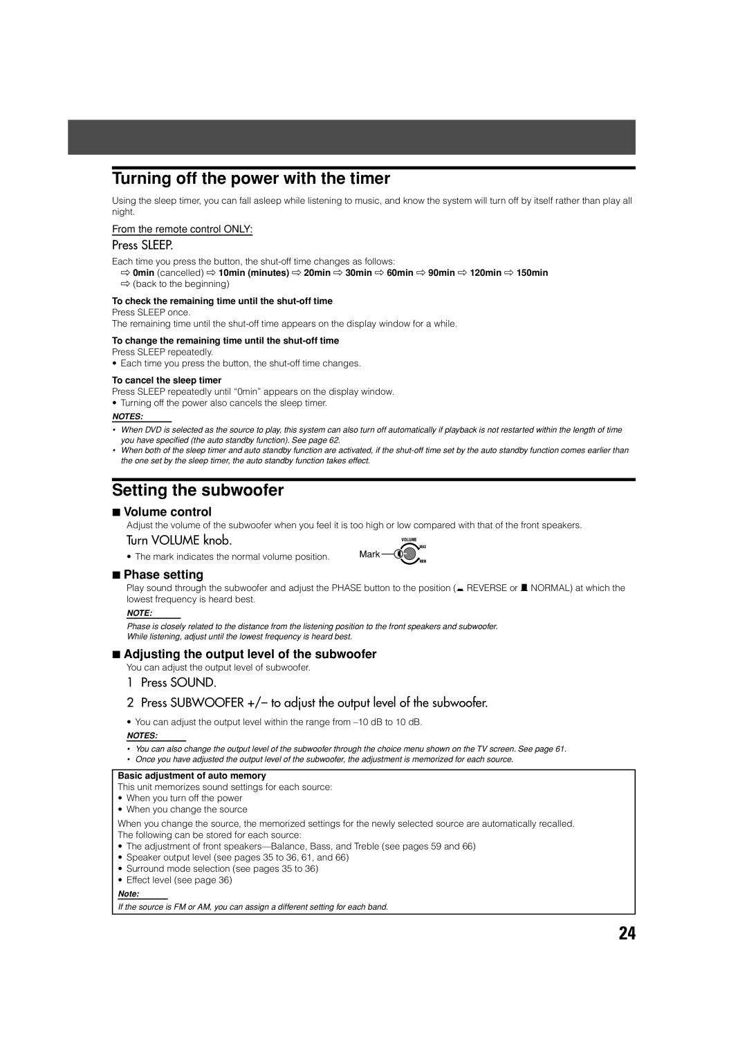 JVC SP-PWV70, SP-XSV70 manual Turning off the power with the timer, Setting the subwoofer, Volume control, Phase setting 