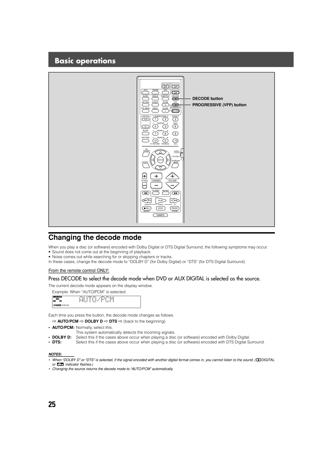 JVC SP-XSV70, SP-PWV70 manual Changing the decode mode, Decode button, Progressive VFP button 