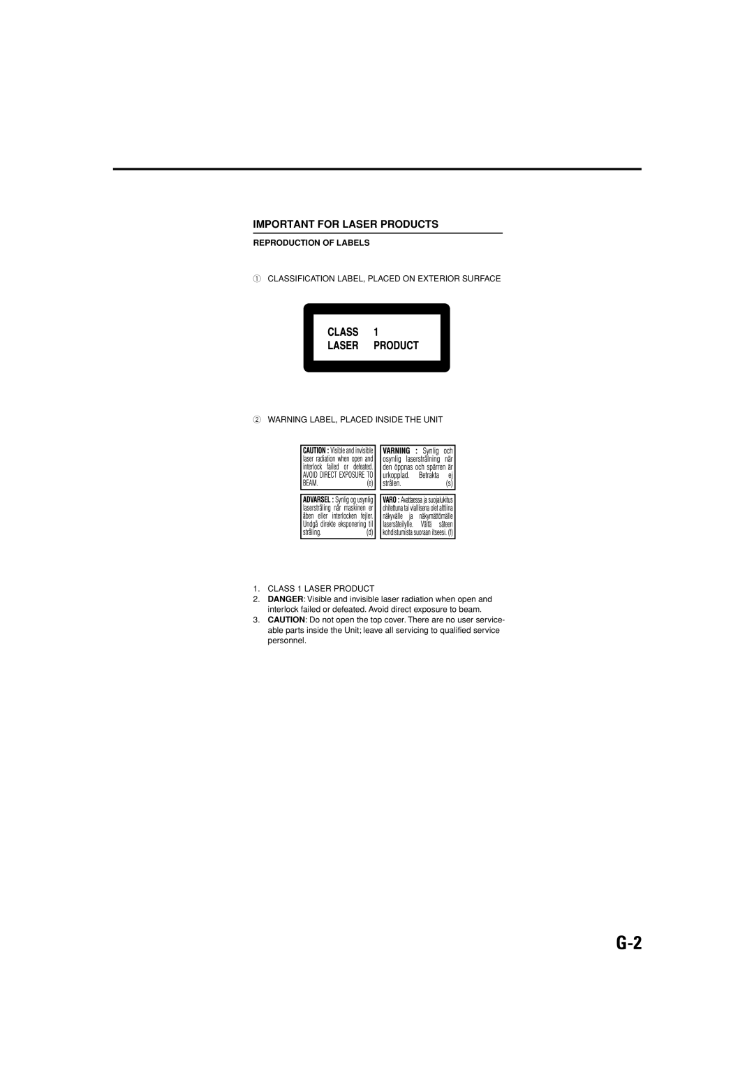 JVC SP-XSV70, SP-PWV70 manual Important for Laser Products 