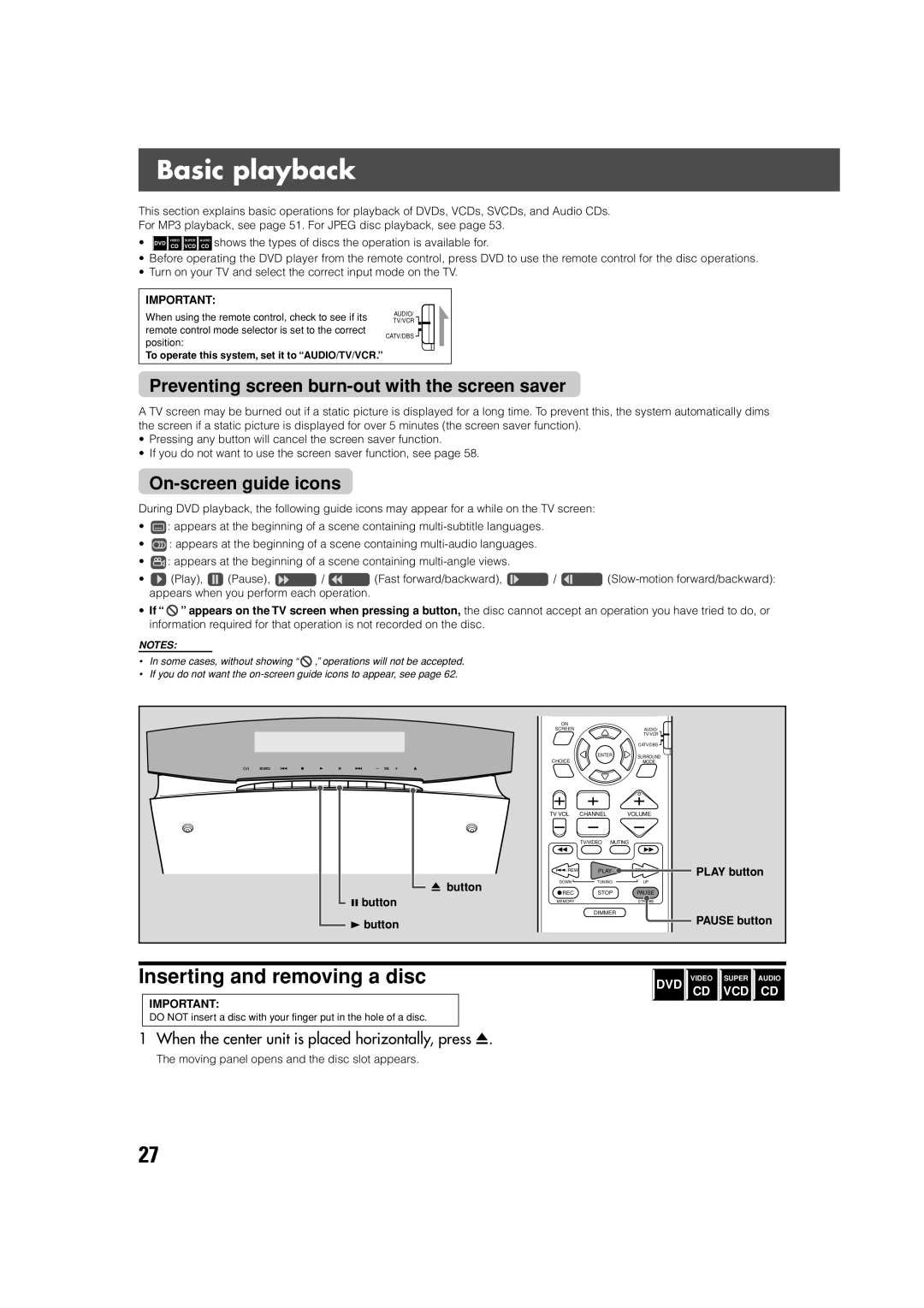 JVC SP-XSV70, SP-PWV70 Basic playback, Inserting and removing a disc, Preventing screen burn-out with the screen saver 