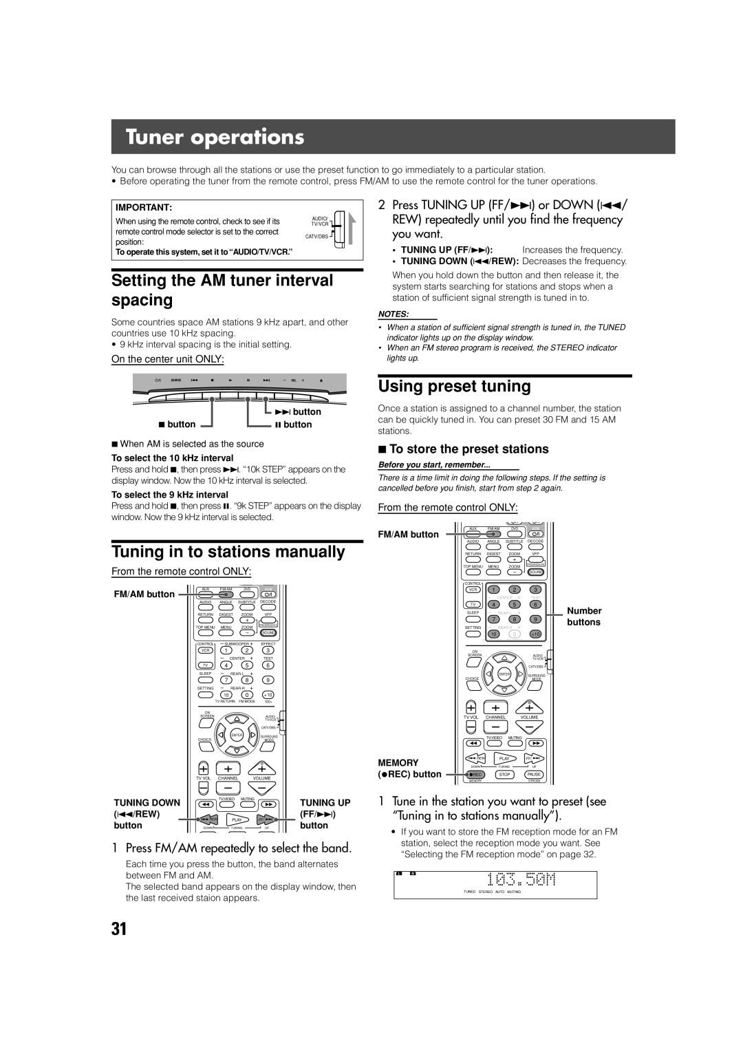 JVC SP-XSV70 Tuner operations, Setting the AM tuner interval spacing, Tuning in to stations manually, Using preset tuning 