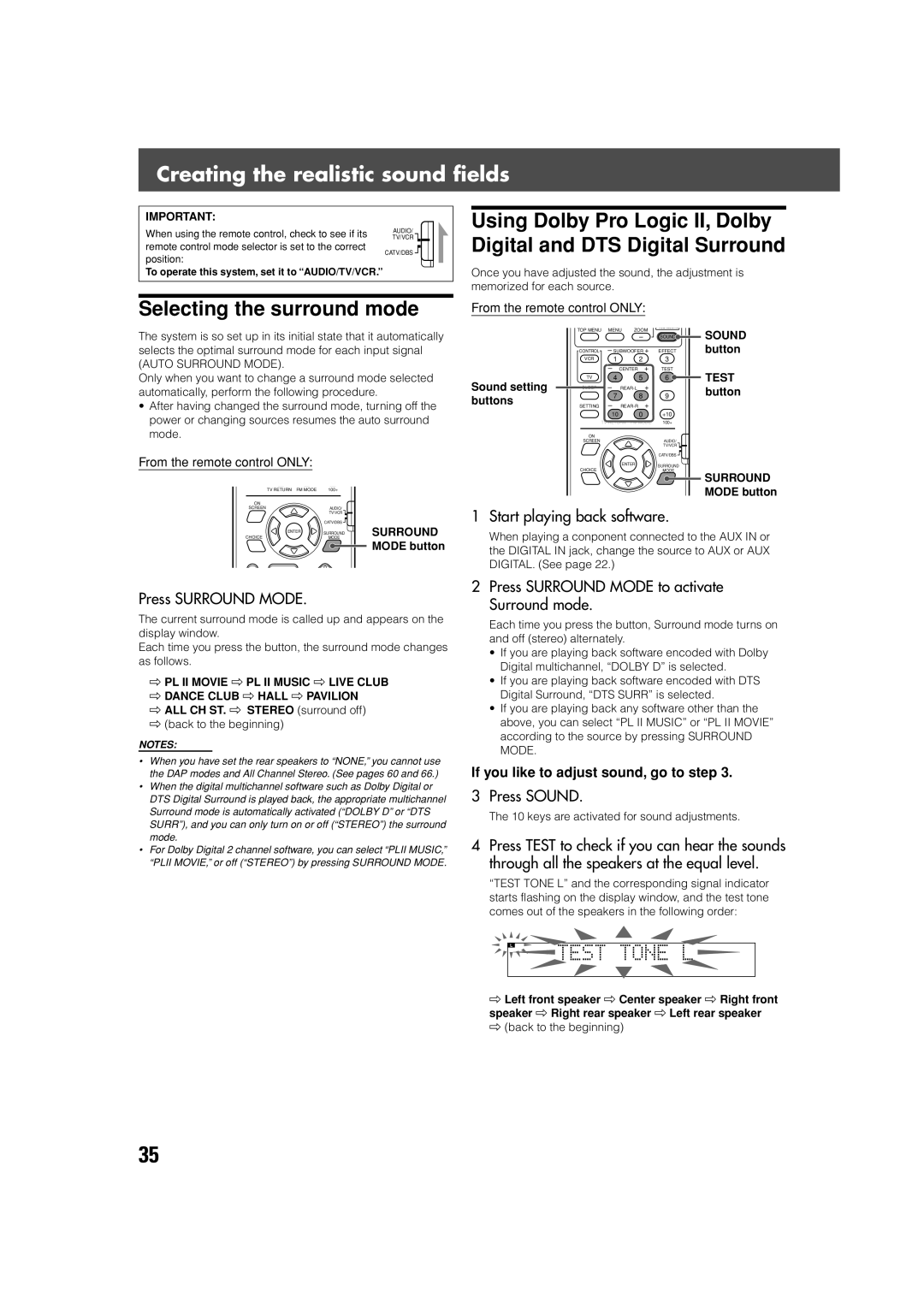 JVC SP-XSV70, SP-PWV70 manual Creating the realistic sound fields, Selecting the surround mode 