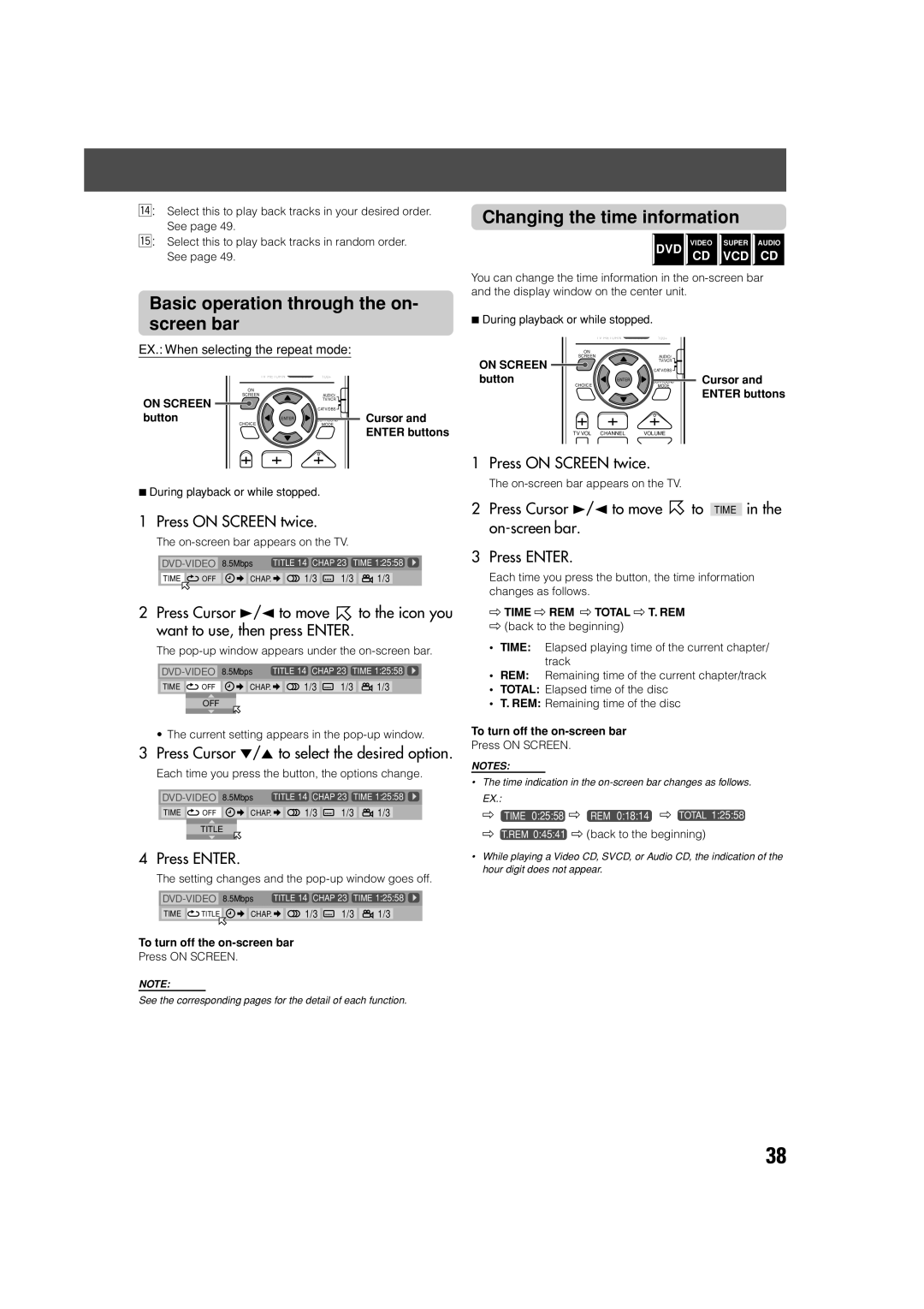 JVC SP-PWV70 Basic operation through the on- screen bar, Changing the time information, Press on Screen twice, Press Enter 