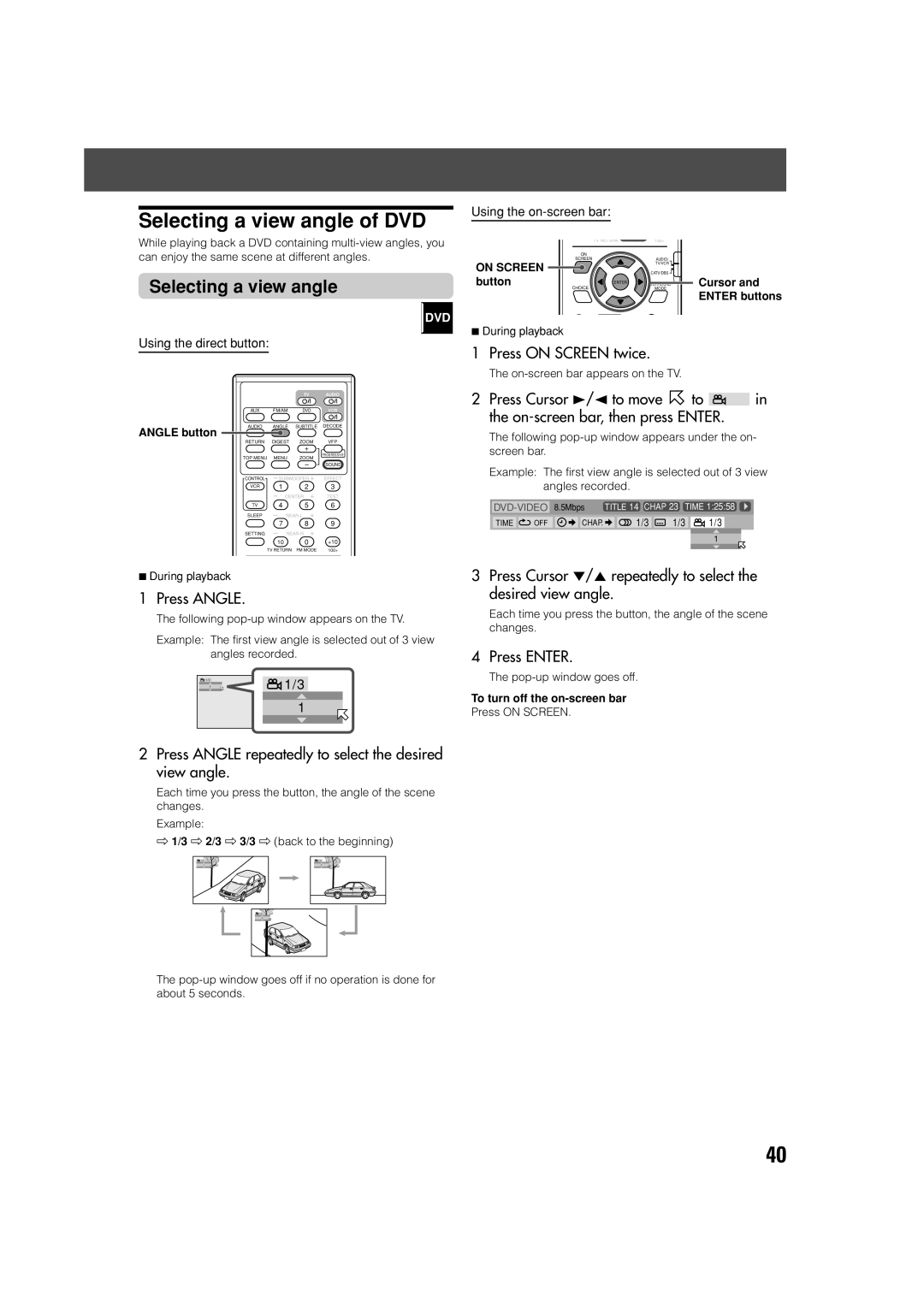 JVC SP-PWV70, SP-XSV70 manual Selecting a view angle of DVD, Press Angle repeatedly to select the desired view angle 