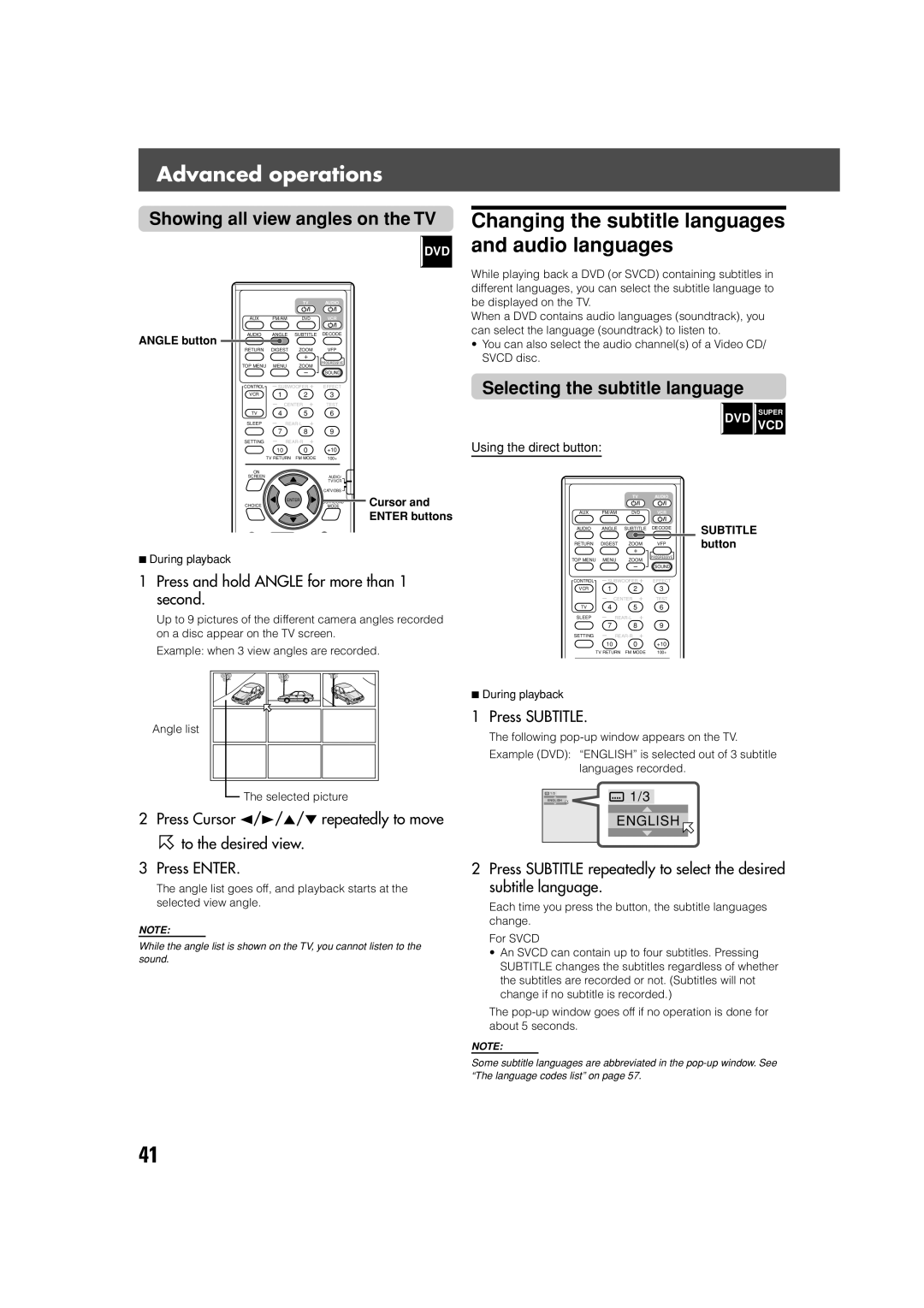 JVC SP-XSV70, SP-PWV70 manual Changing the subtitle languages and audio languages, Showing all view angles on the TV 