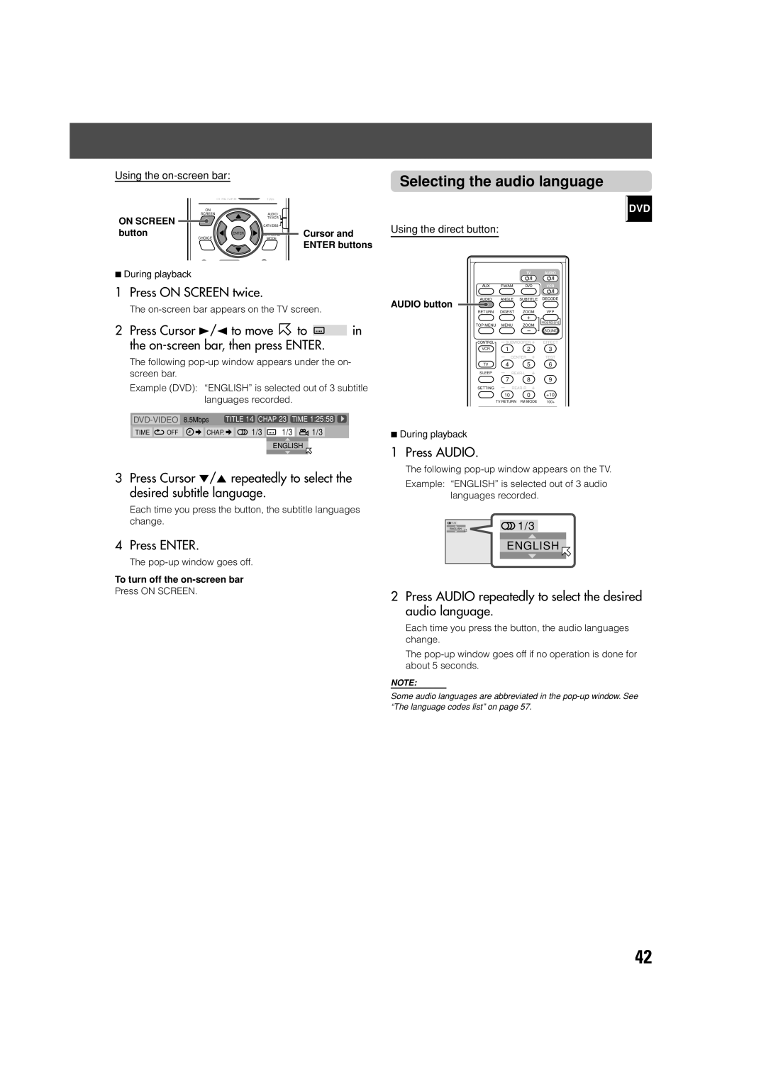 JVC SP-PWV70 Selecting the audio language, Press Audio repeatedly to select the desired audio language, Audio button 