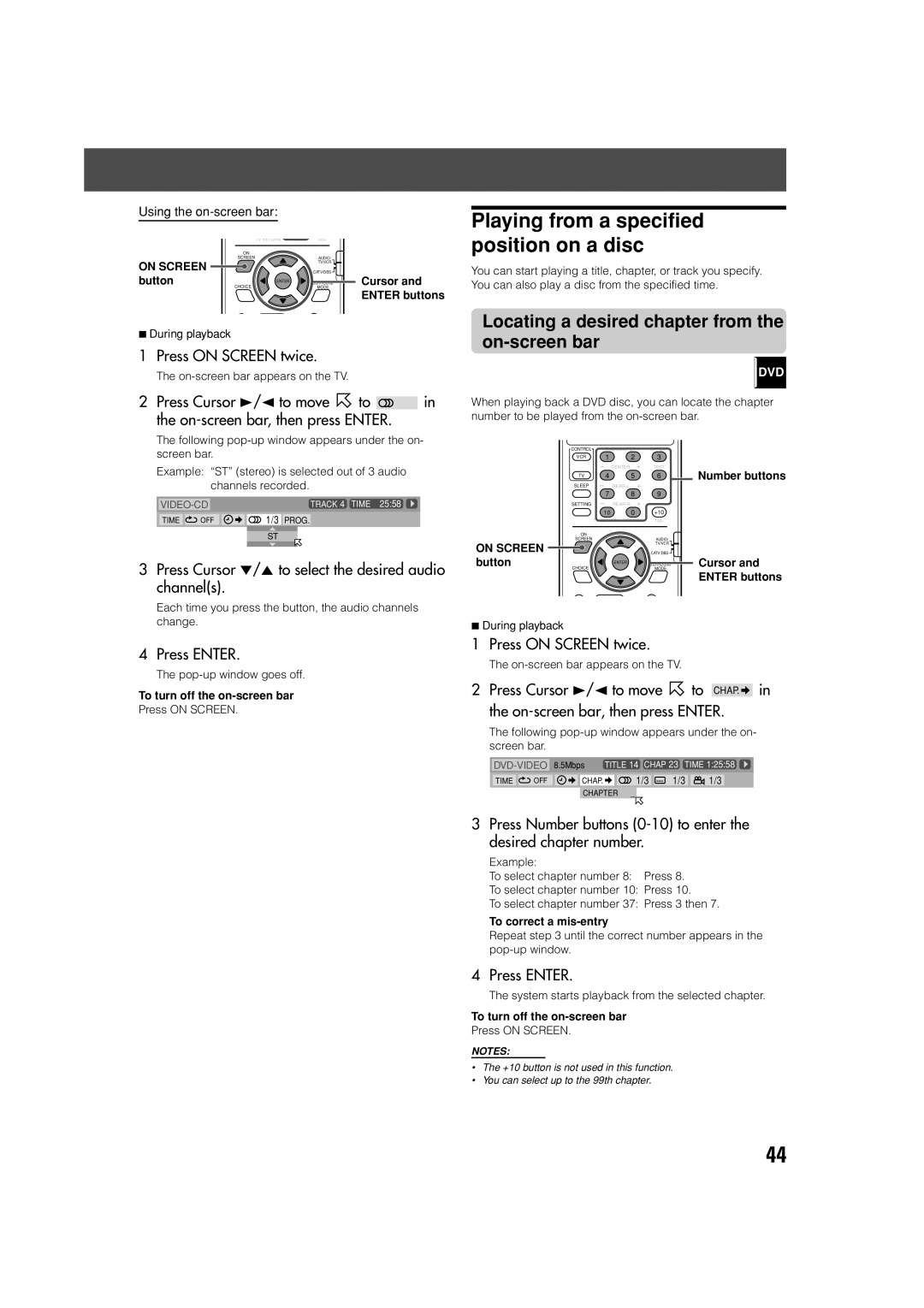 JVC SP-PWV70, SP-XSV70 manual Playing from a specified position on a disc, Locating a desired chapter from the on-screen bar 