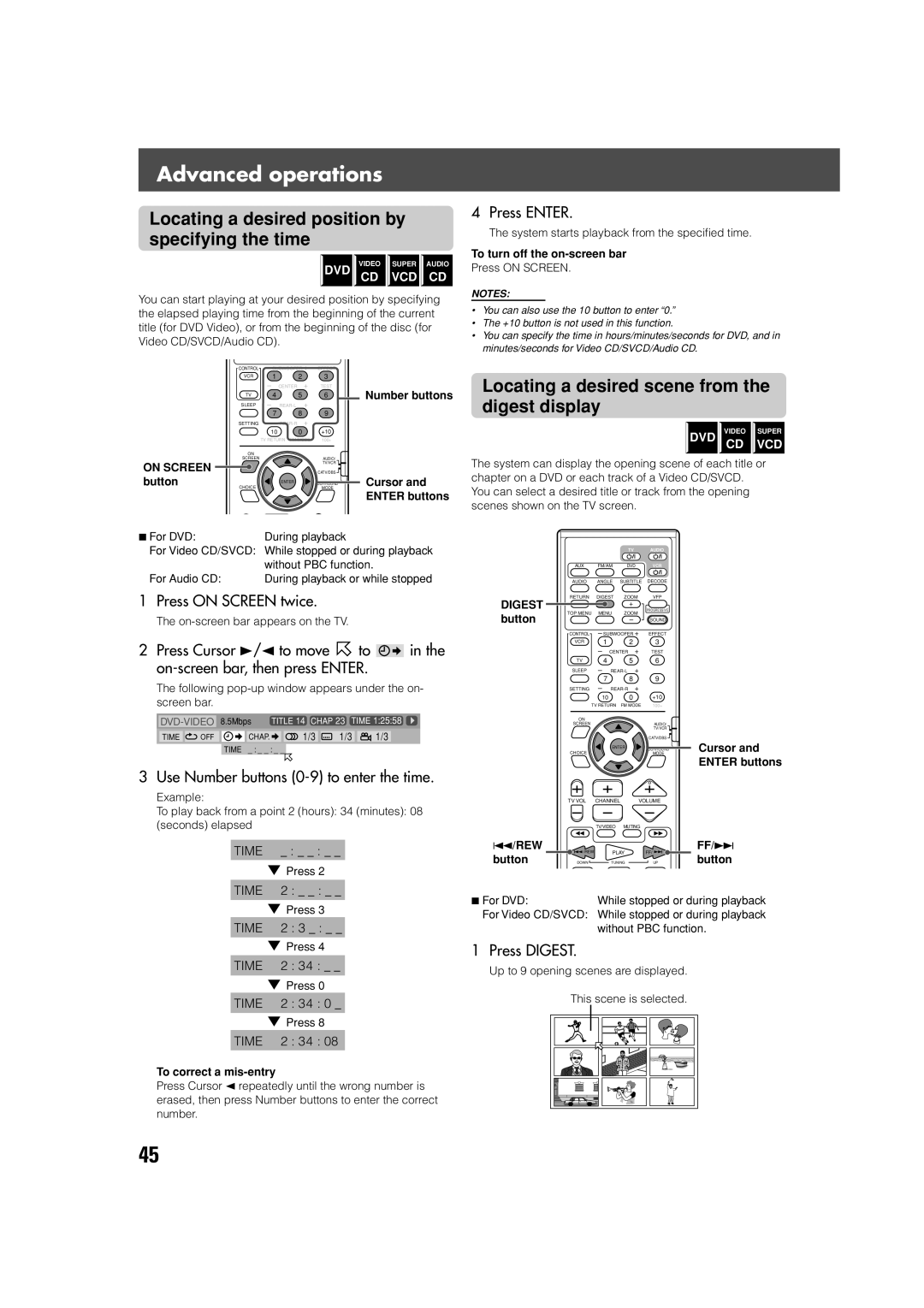 JVC SP-XSV70 manual Locating a desired position by specifying the time, Locating a desired scene from the digest display 