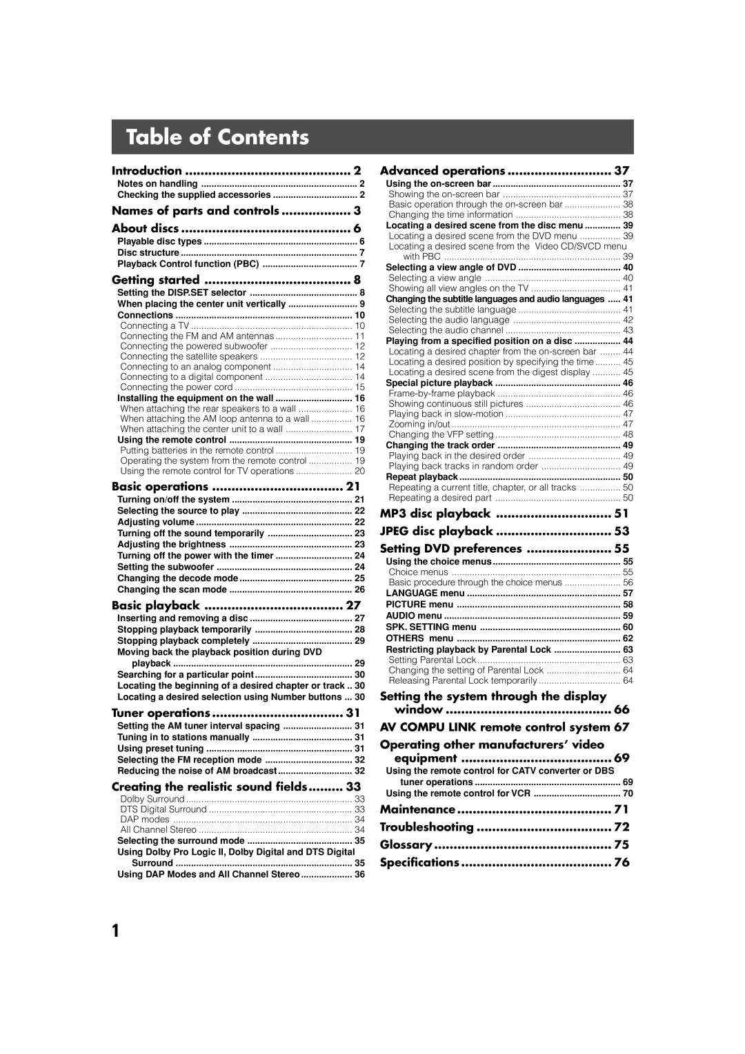 JVC SP-XSV70, SP-PWV70 manual Table of Contents 