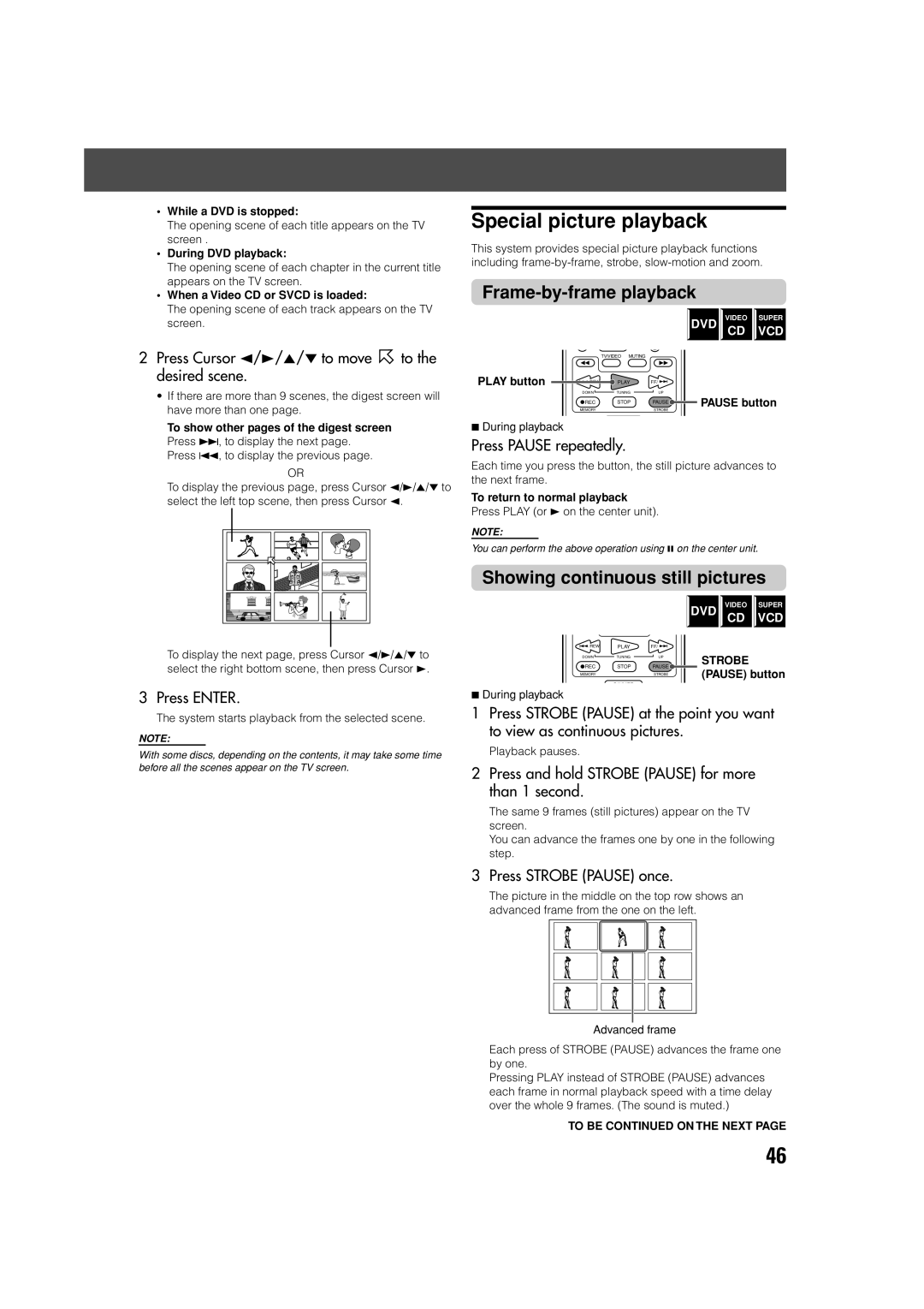 JVC SP-PWV70, SP-XSV70 manual Special picture playback, Frame-by-frame playback, Showing continuous still pictures 