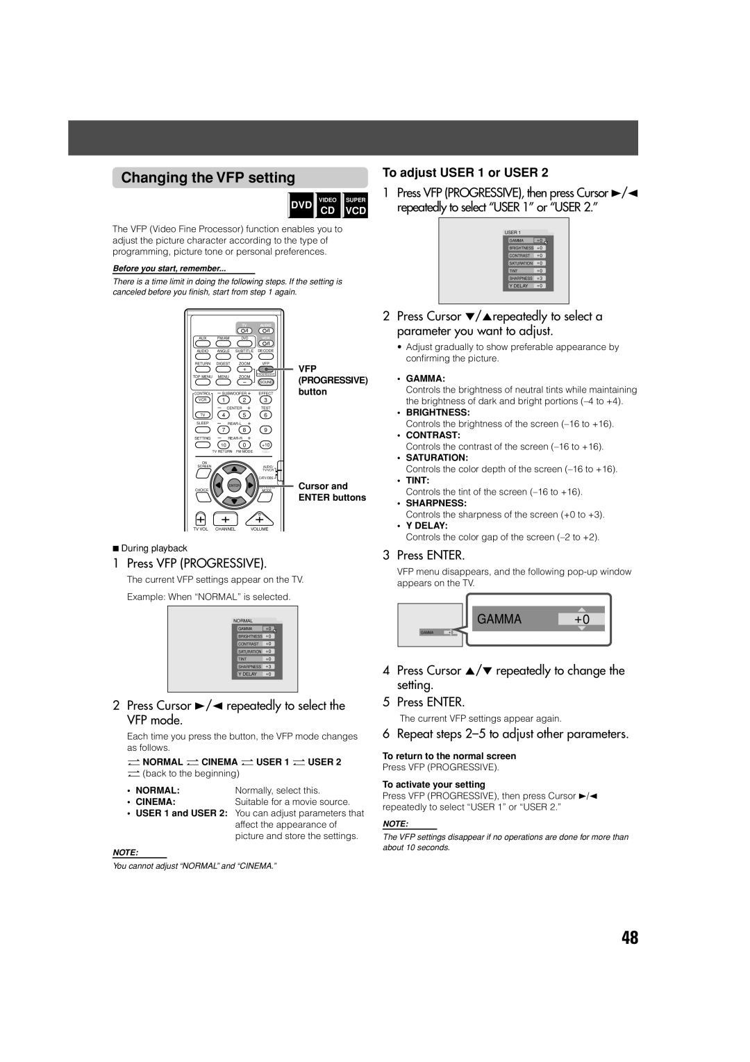 JVC SP-PWV70, SP-XSV70 Changing the VFP setting, Press VFP Progressive, Press Cursor 3/2 repeatedly to select the VFP mode 