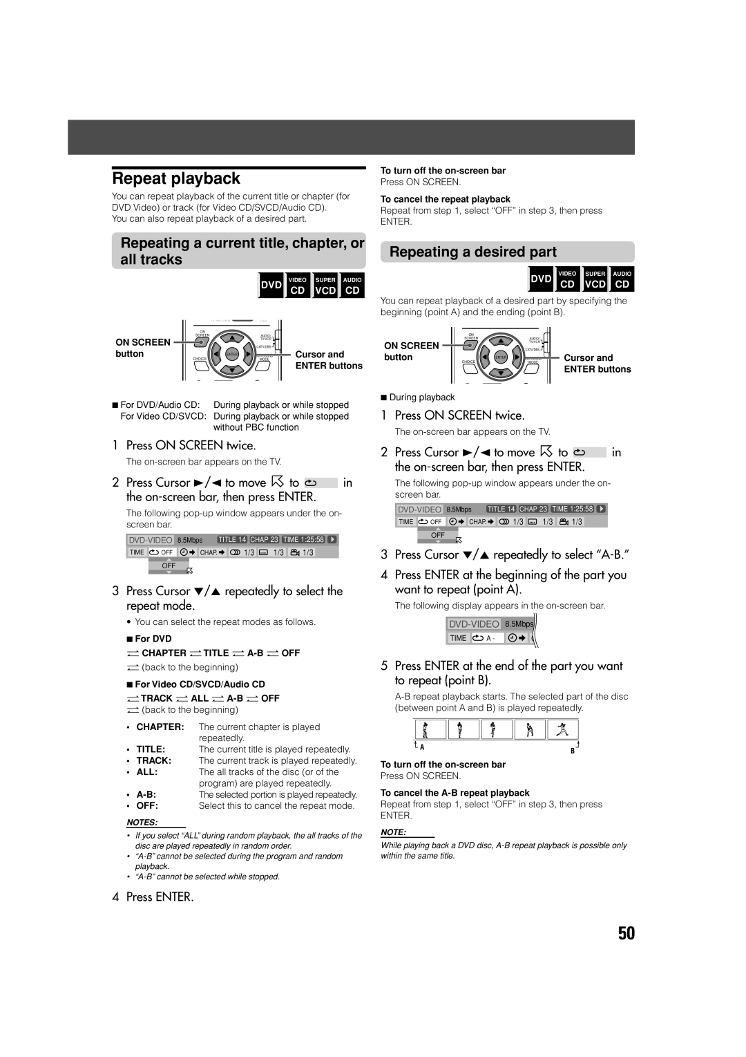 JVC SP-PWV70, SP-XSV70 manual Repeat playback, Repeating a current title, chapter, or all tracks, Repeating a desired part 