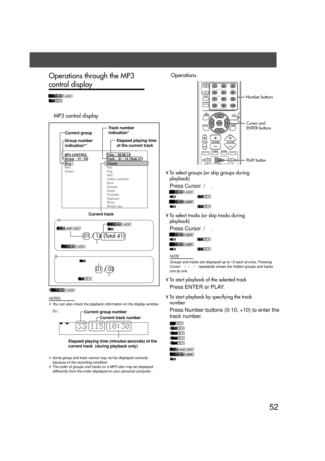 JVC SP-PWV70, SP-XSV70 manual Operations through the MP3 control display, 01 / 14 Total 