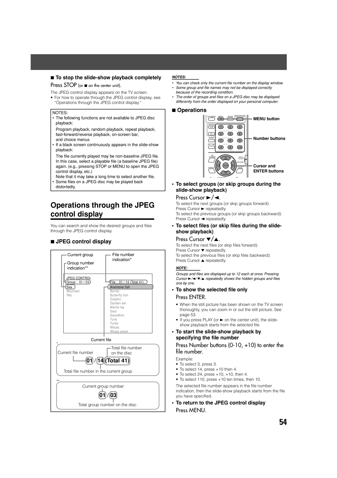 JVC SP-PWV70 manual Operations through the Jpeg control display, Press Number buttons 0-10, +10 to enter the file number 