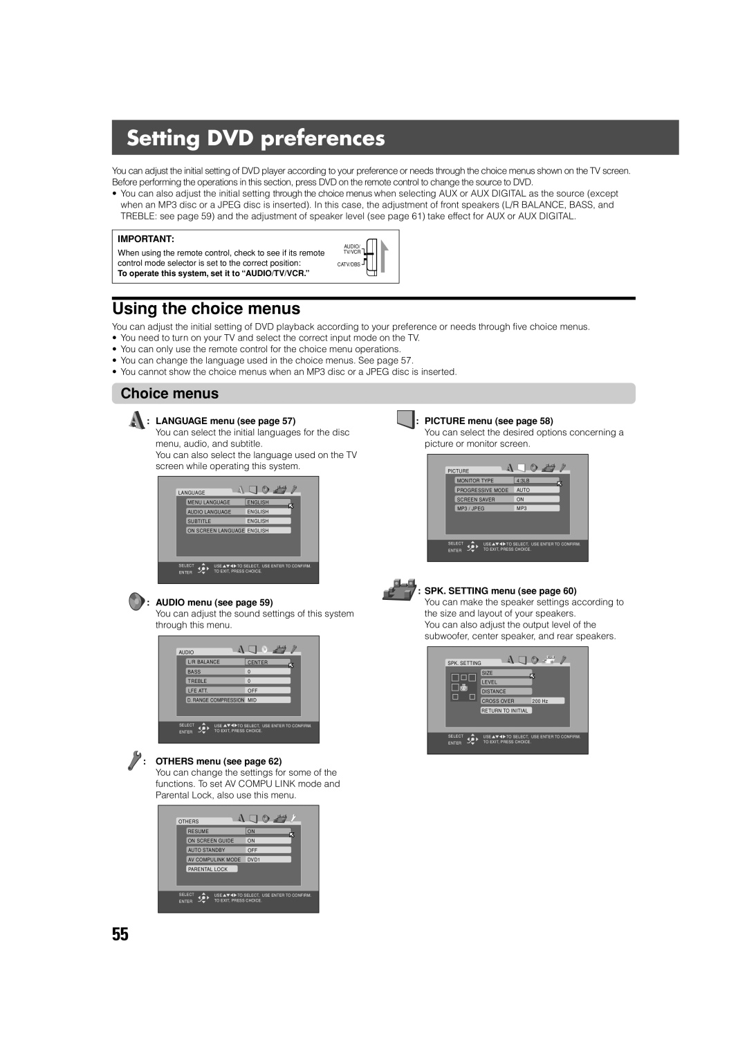 JVC SP-XSV70, SP-PWV70 manual Setting DVD preferences, Using the choice menus, Choice menus 