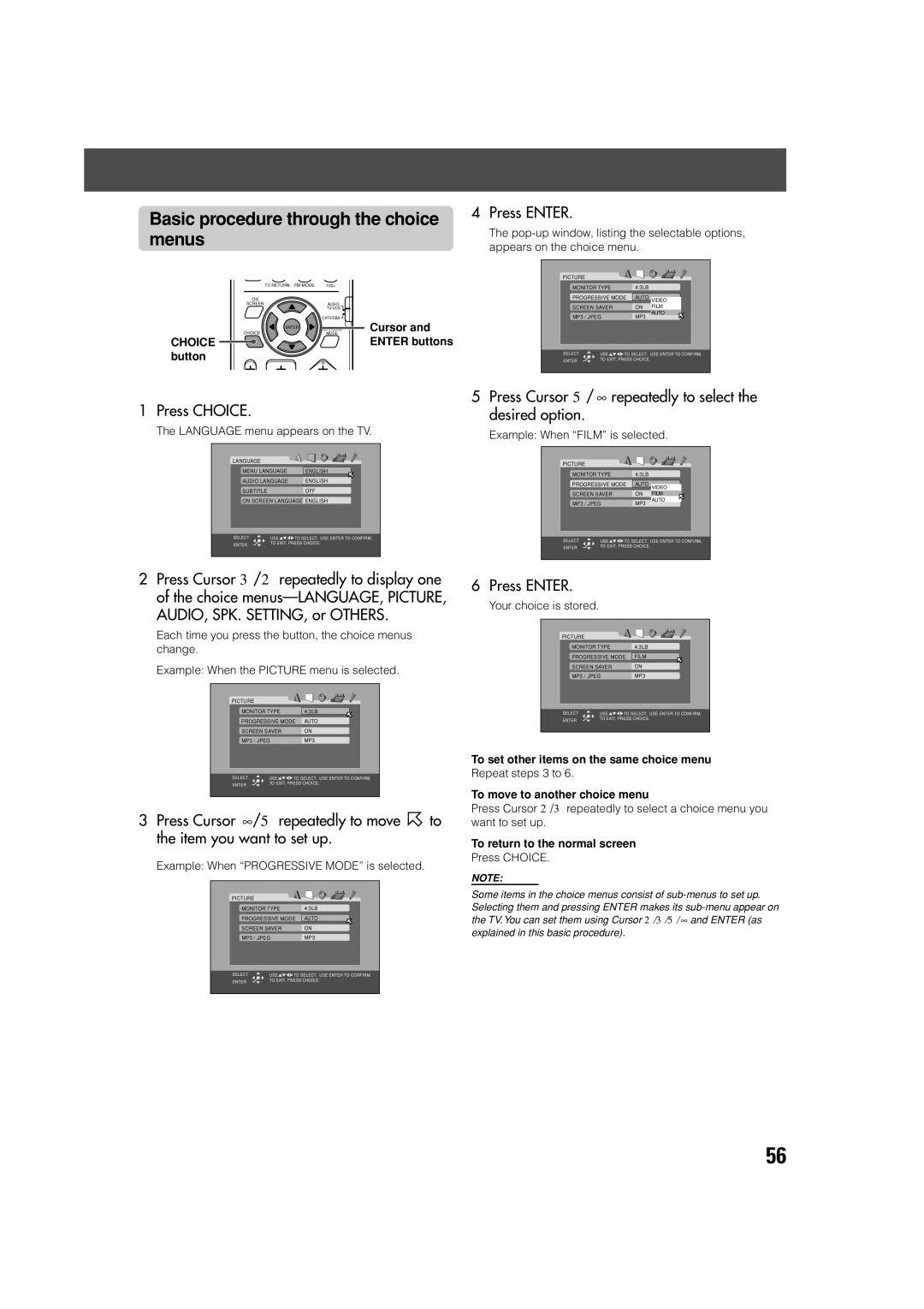 JVC SP-PWV70, SP-XSV70 manual Basic procedure through the choice menus, Press Choice, Choice button Cursor and Enter buttons 