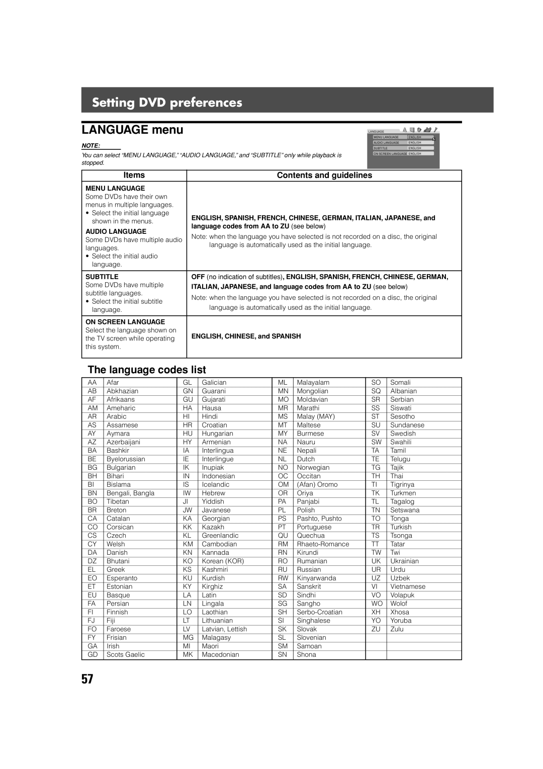 JVC SP-XSV70, SP-PWV70 manual Setting DVD preferences, Language menu, Language codes list, Items Contents and guidelines 