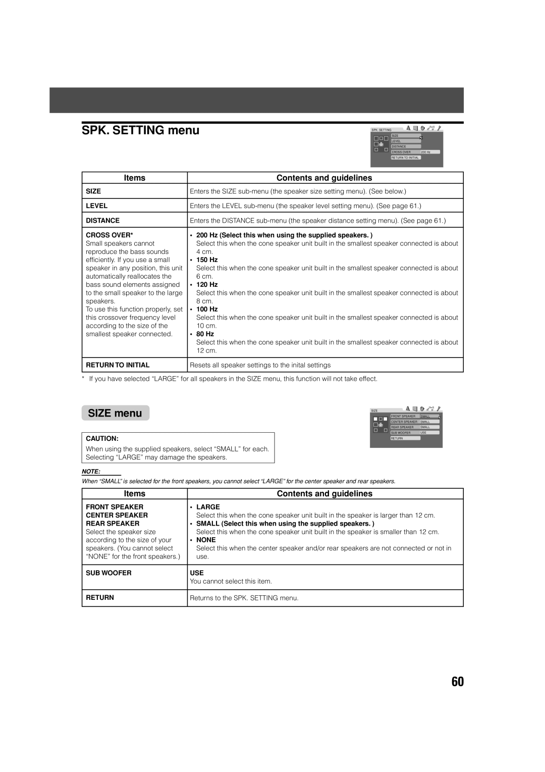 JVC SP-PWV70, SP-XSV70 manual SPK. Setting menu, Size menu 