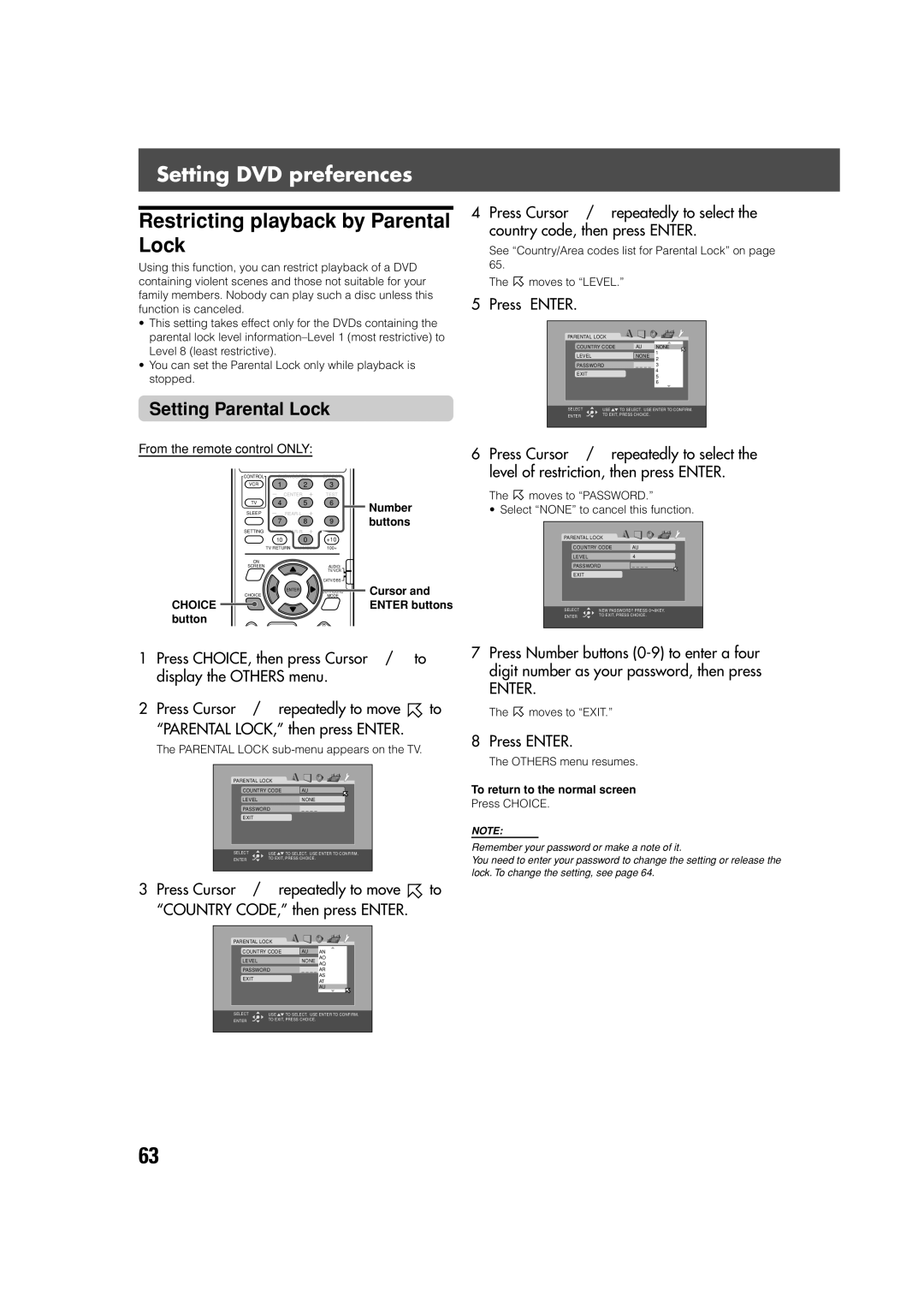 JVC SP-XSV70, SP-PWV70 Restricting playback by Parental Lock, Setting Parental Lock, Choice button, Cursor Enter buttons 