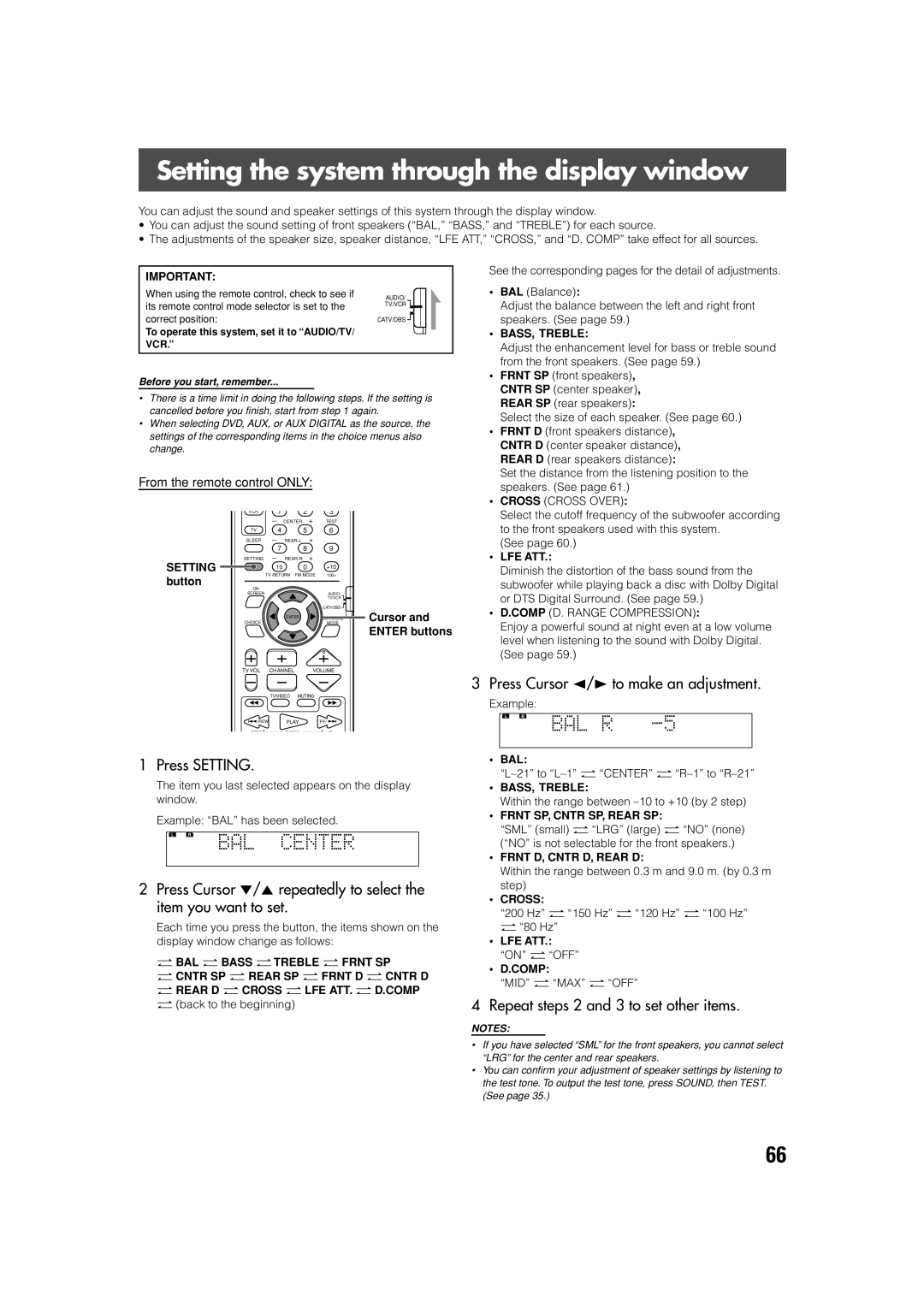 JVC SP-PWV70 manual Setting the system through the display window, Press Setting, Press Cursor 2/3 to make an adjustment 