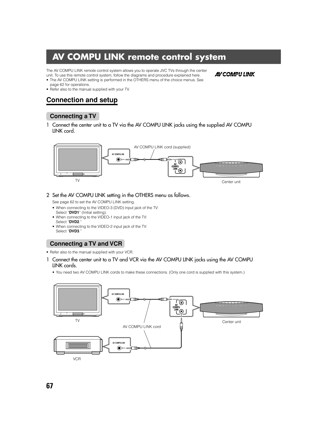 JVC SP-XSV70, SP-PWV70 manual AV Compu Link remote control system, Connection and setup, Connecting a TV and VCR 