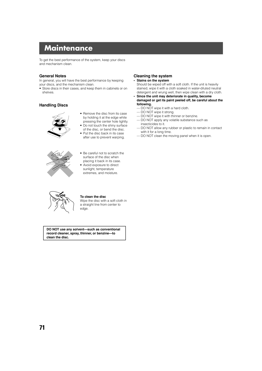 JVC SP-XSV70, SP-PWV70 manual Maintenance, General Notes, Handling Discs, Cleaning the system 