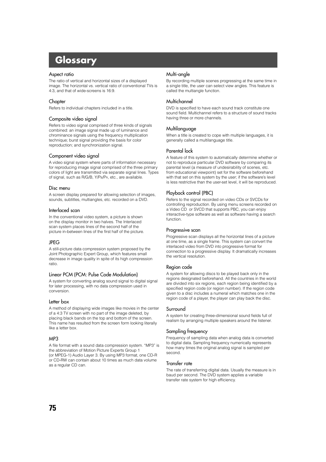 JVC SP-XSV70, SP-PWV70 manual Glossary, Refers to individual chapters included in a title 