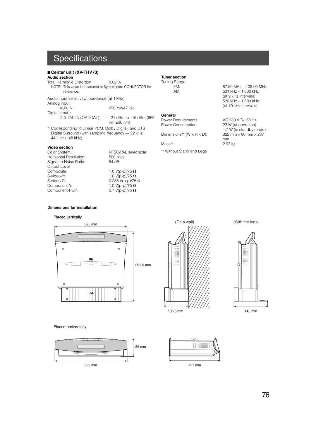 JVC SP-PWV70, SP-XSV70 manual Specifications 